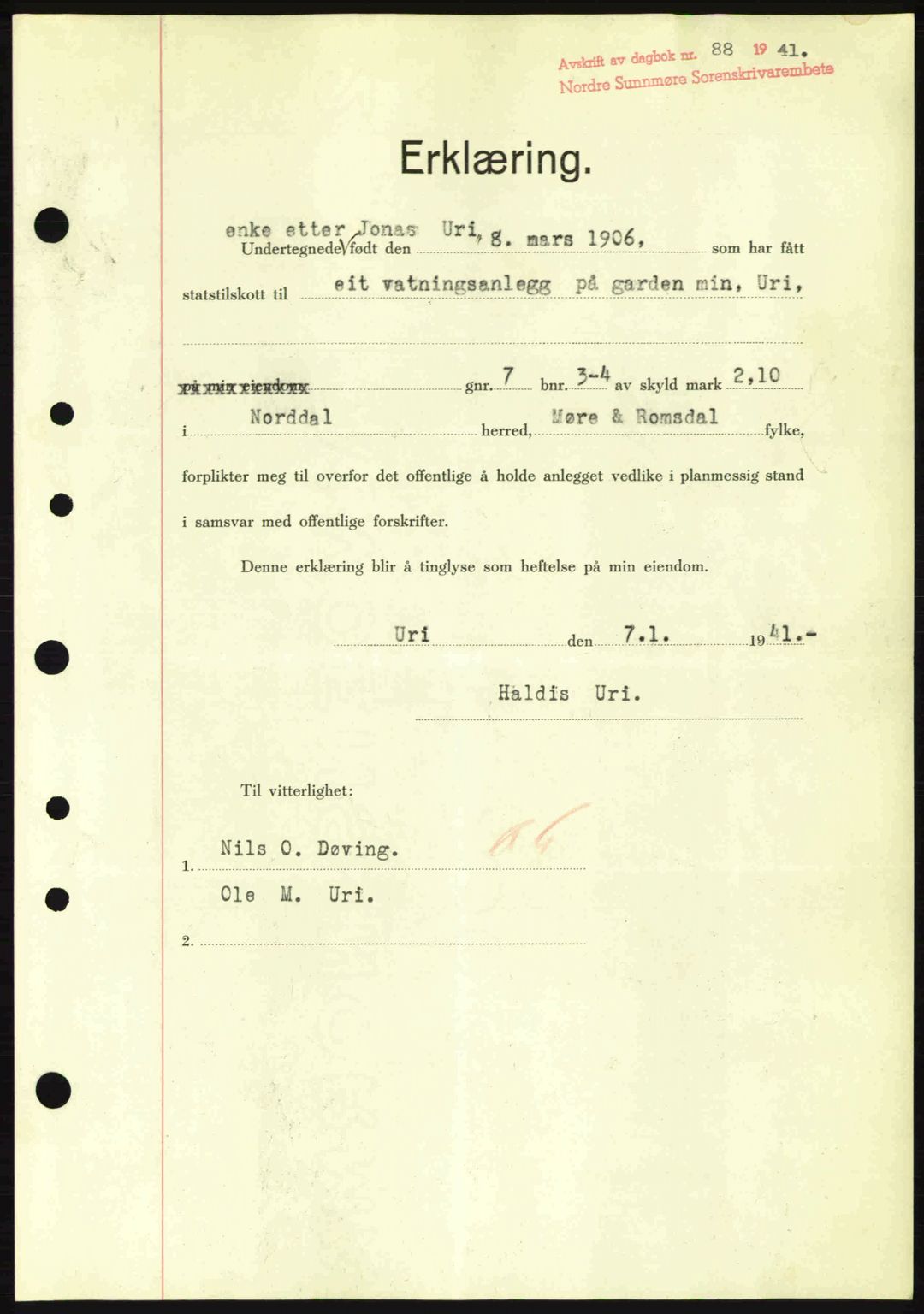 Nordre Sunnmøre sorenskriveri, AV/SAT-A-0006/1/2/2C/2Ca: Mortgage book no. A10, 1940-1941, Diary no: : 88/1941