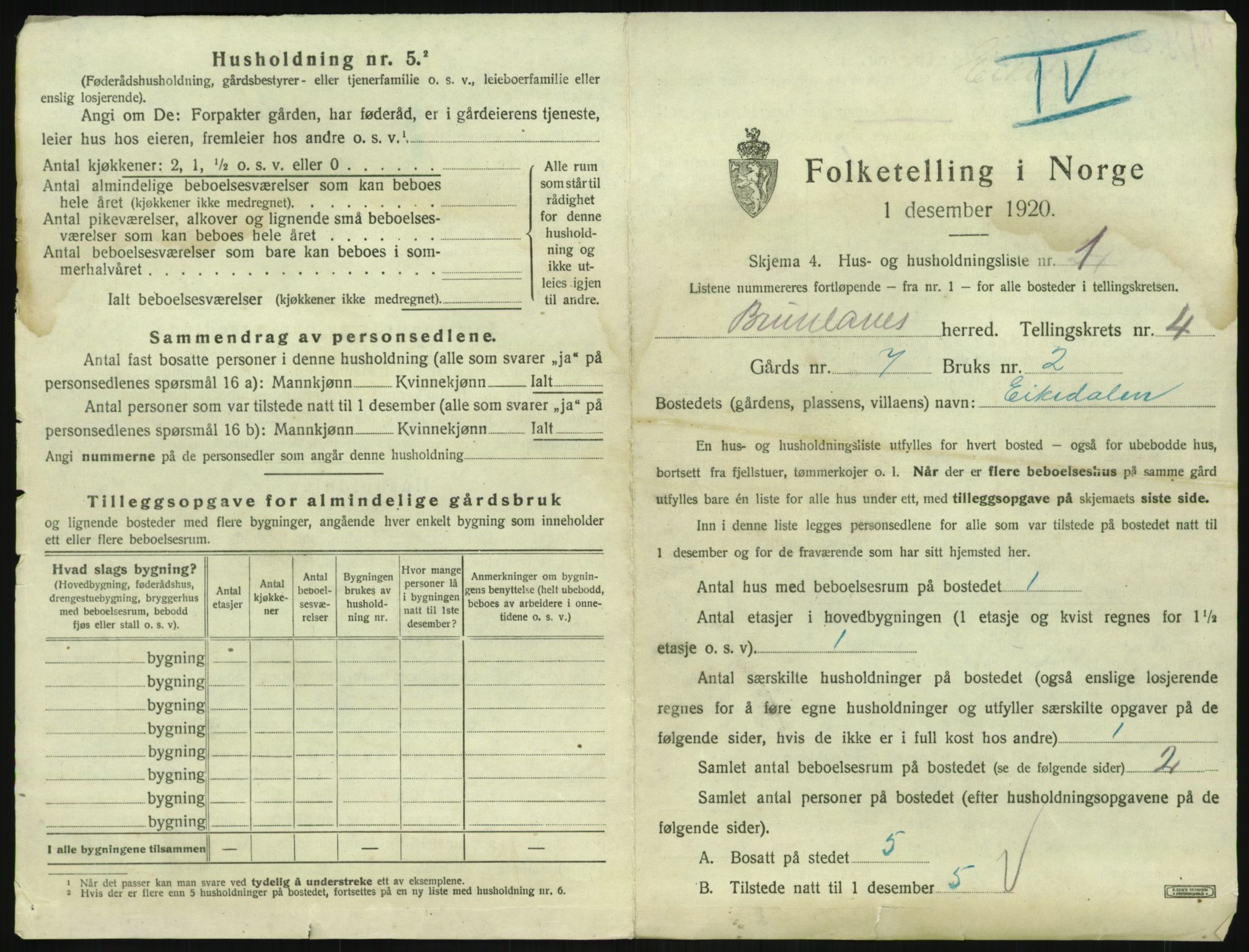 SAKO, 1920 census for Brunlanes, 1920, p. 721