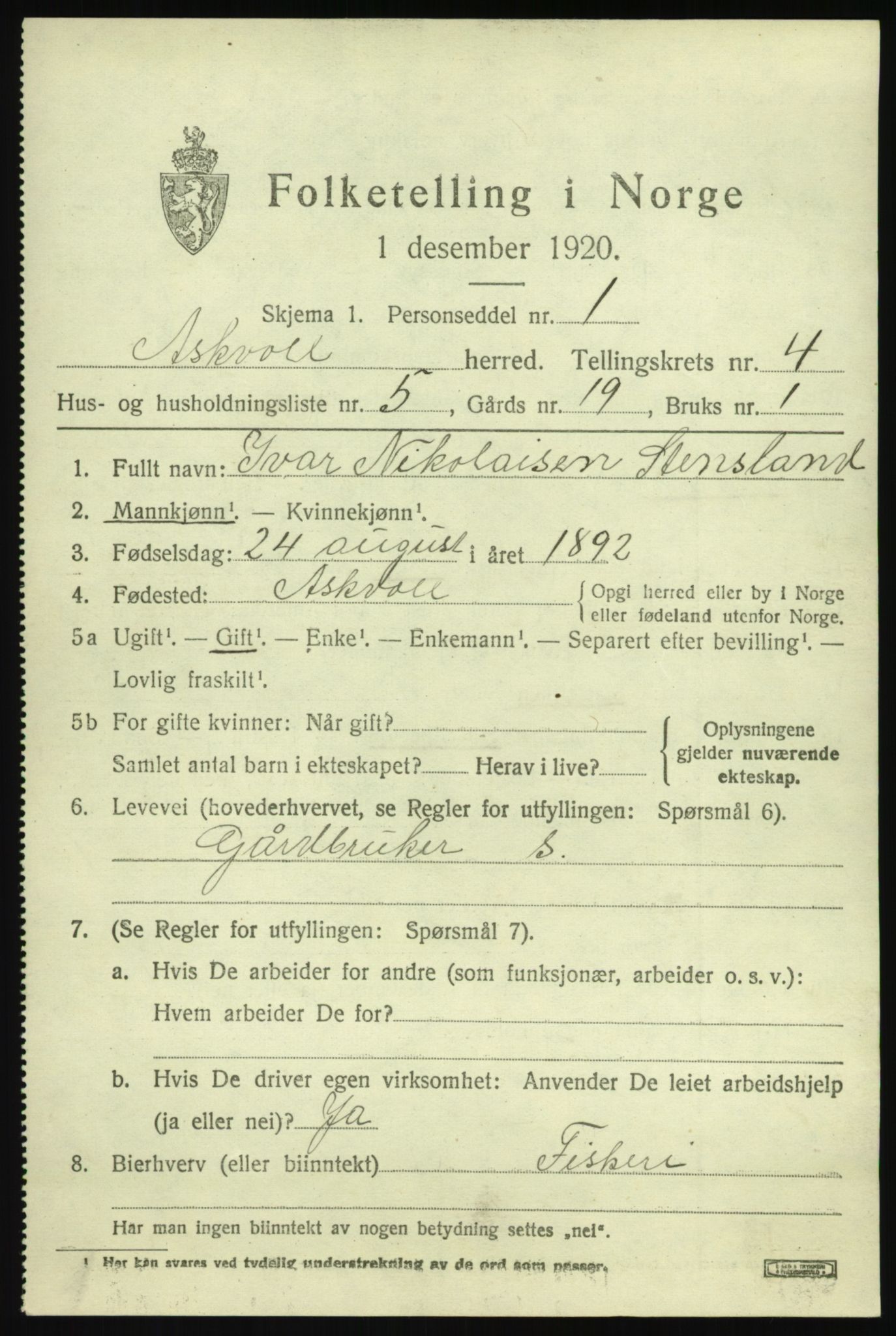 SAB, 1920 census for Askvoll, 1920, p. 2484