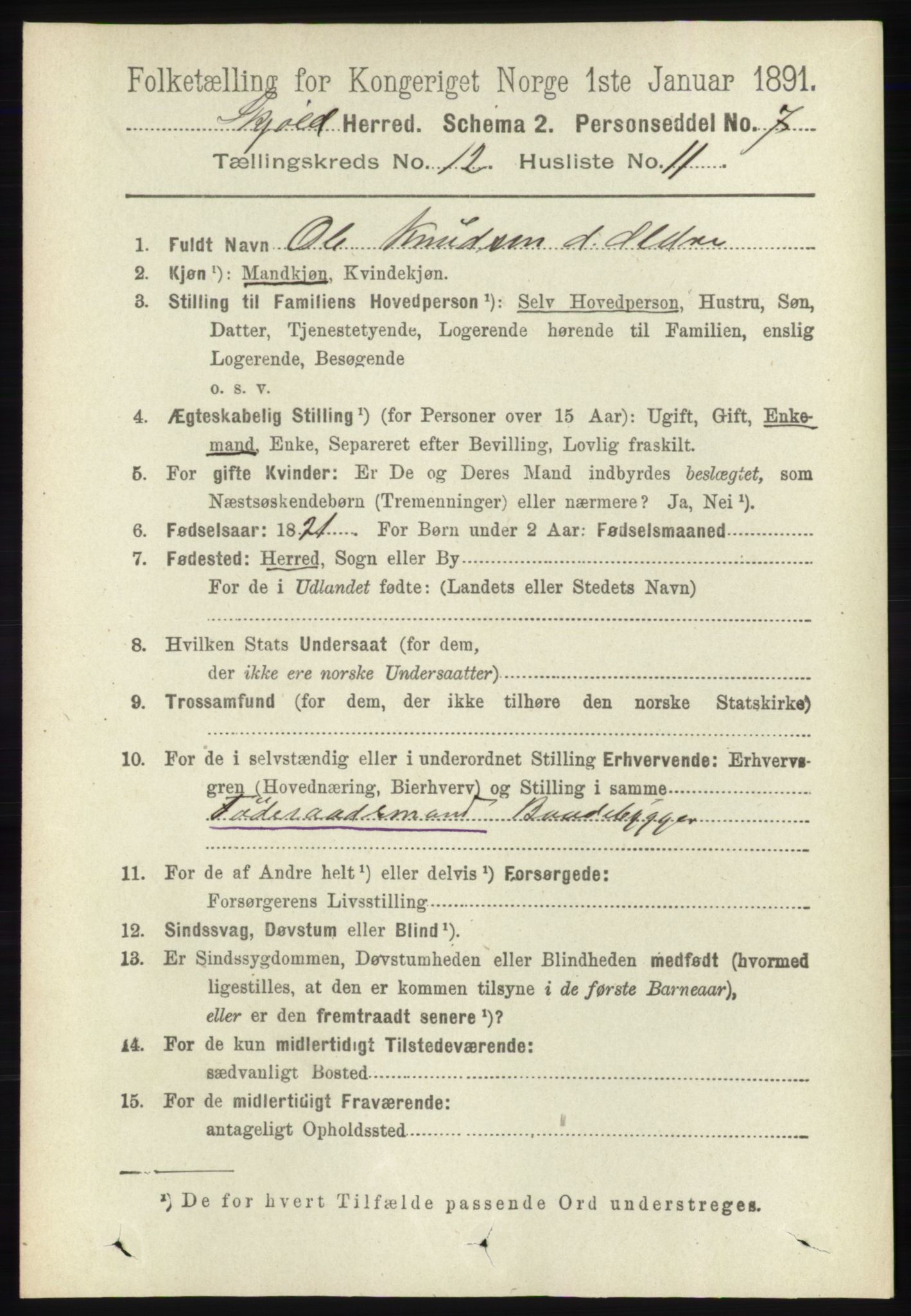 RA, 1891 census for 1154 Skjold, 1891, p. 2311