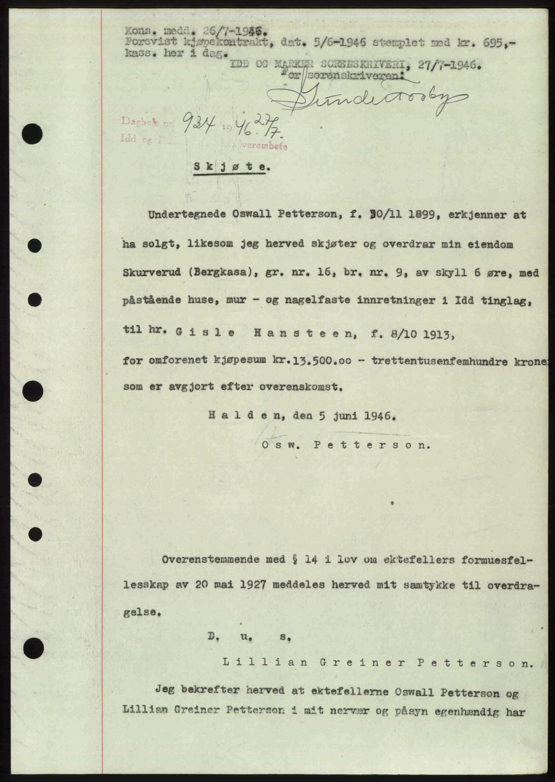 Idd og Marker sorenskriveri, AV/SAO-A-10283/G/Gb/Gbb/L0008: Mortgage book no. A8, 1946-1946, Diary no: : 934/1946