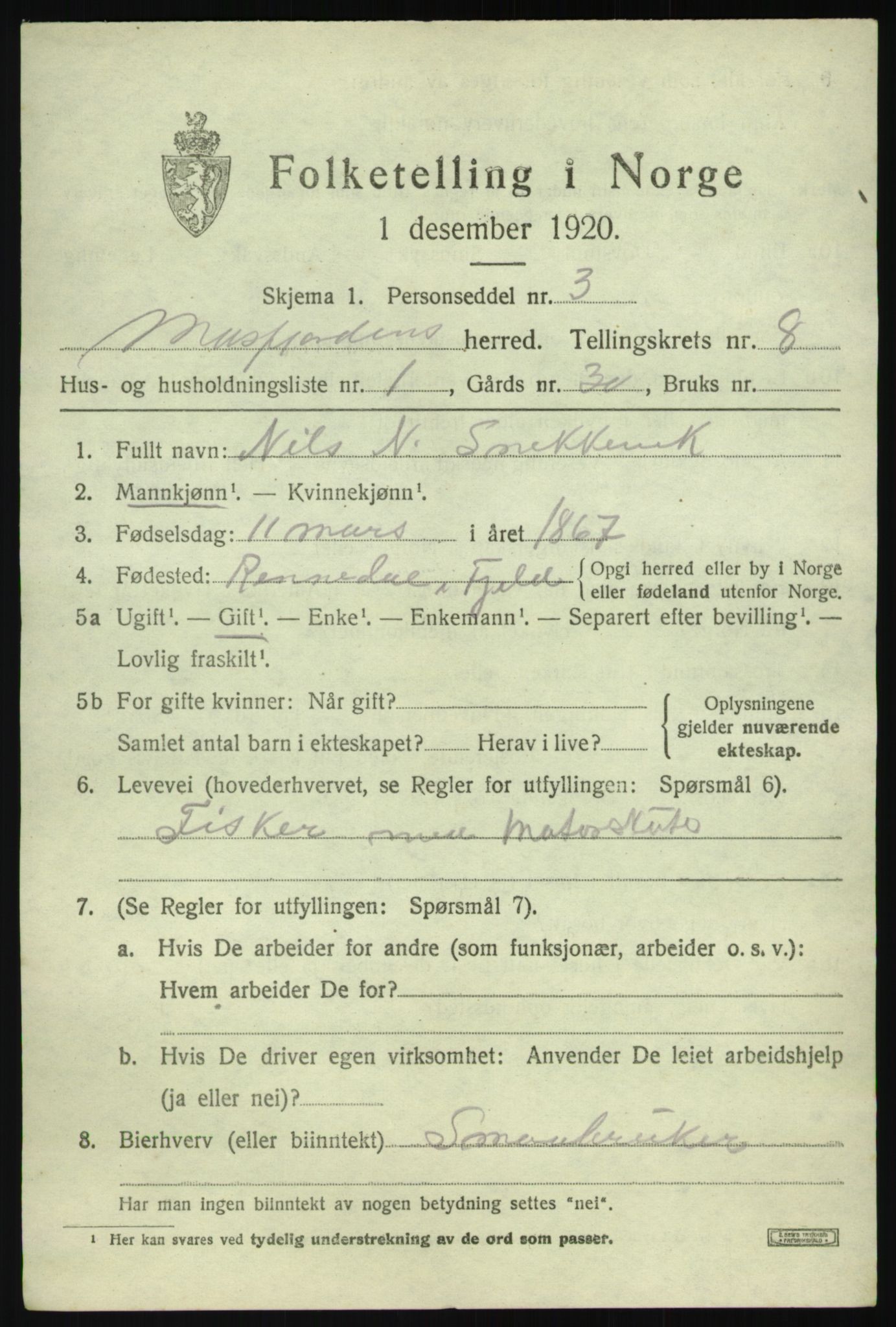 SAB, 1920 census for Masfjorden, 1920, p. 3073