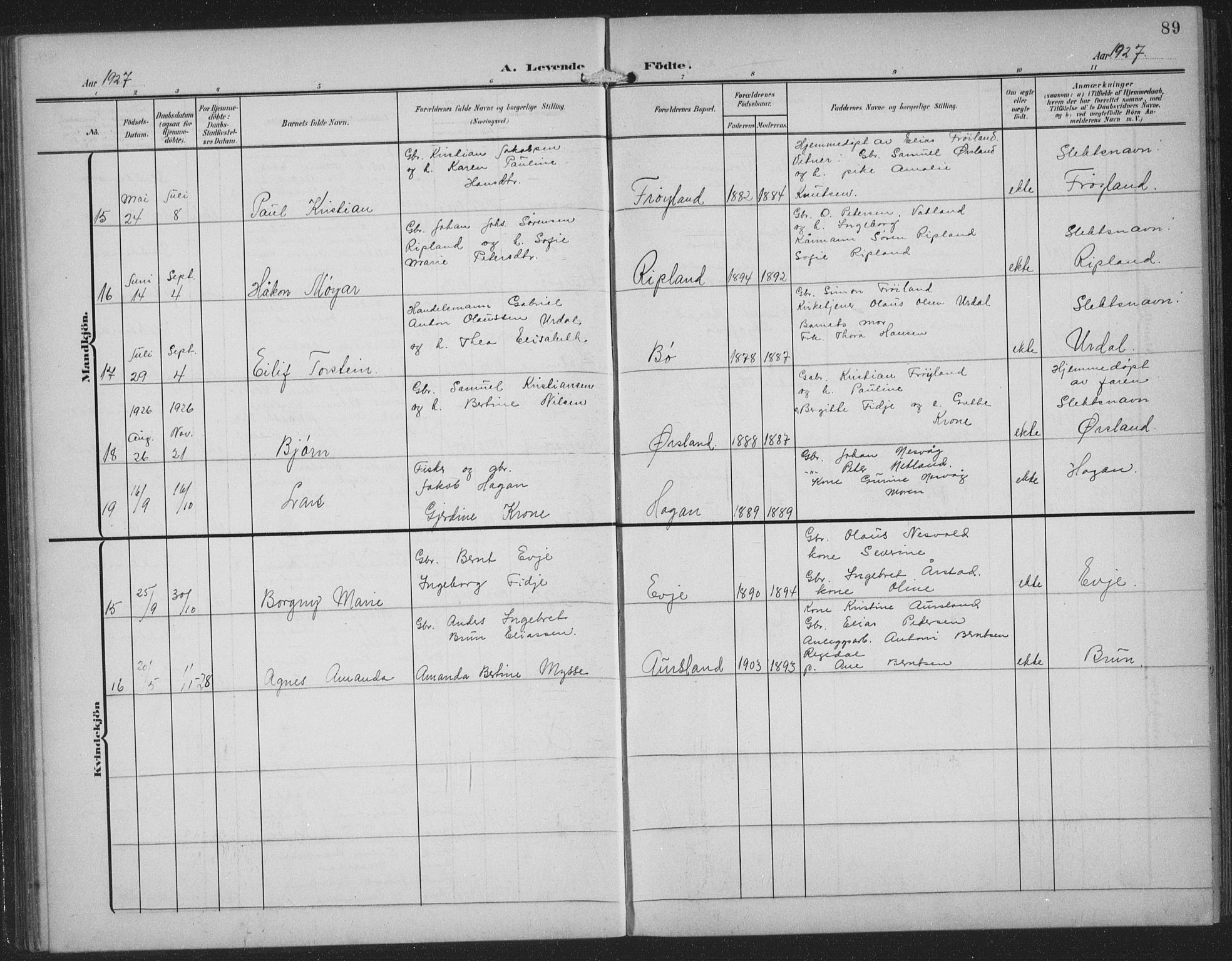 Sokndal sokneprestkontor, AV/SAST-A-101808: Parish register (copy) no. B 8, 1908-1934, p. 89