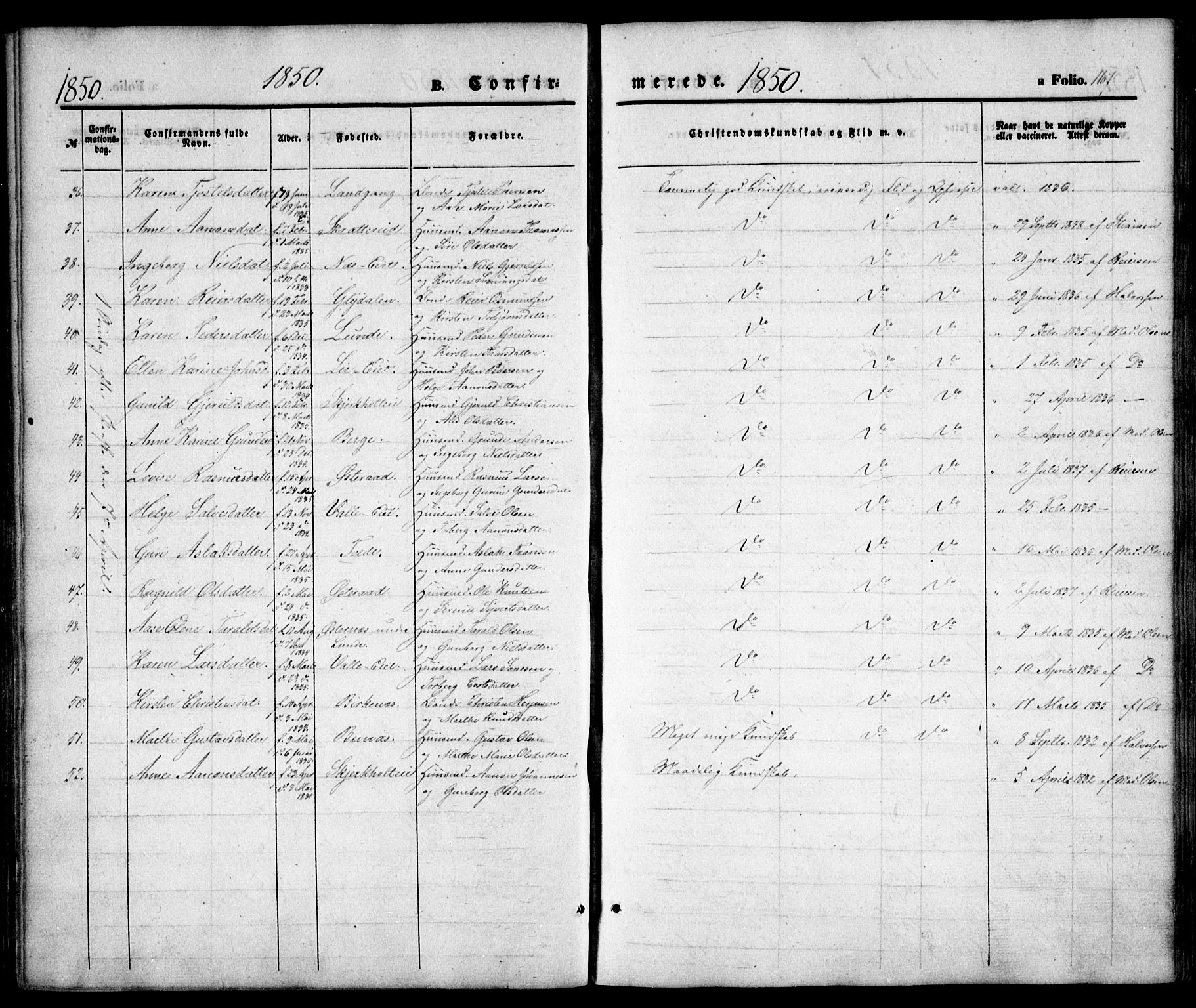 Holt sokneprestkontor, AV/SAK-1111-0021/F/Fa/L0008: Parish register (official) no. A 8, 1849-1860, p. 167