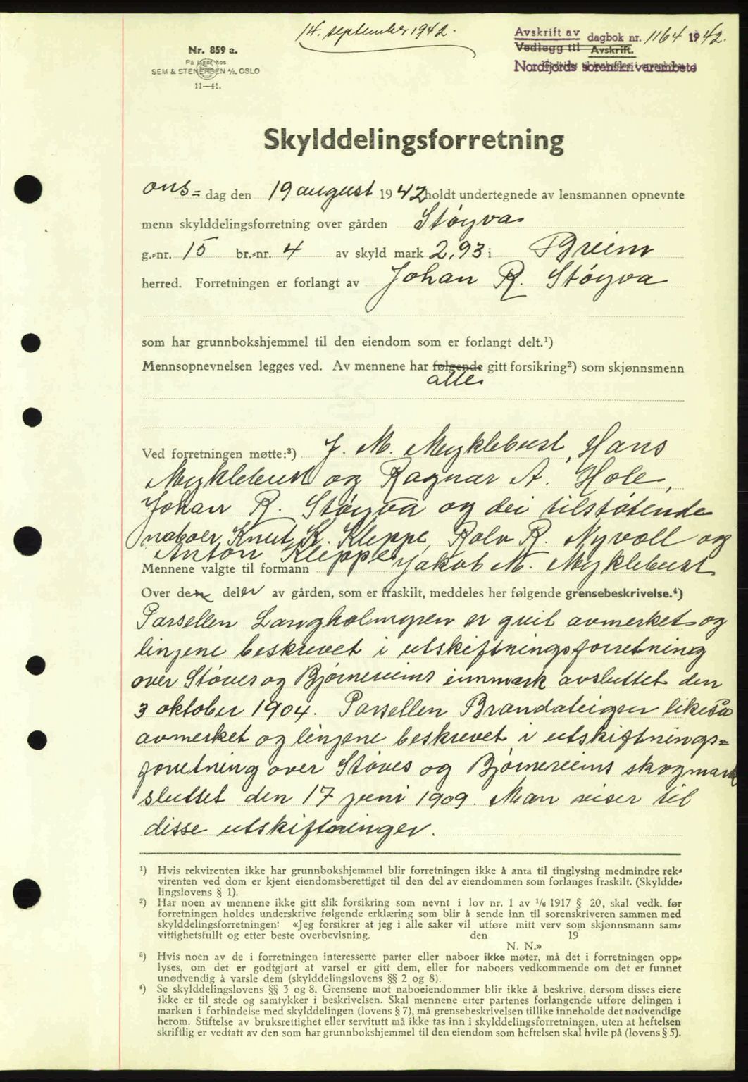 Nordfjord sorenskriveri, AV/SAB-A-2801/02/02b/02bj/L0007: Mortgage book no. A7, 1941-1943, Diary no: : 1164/1942