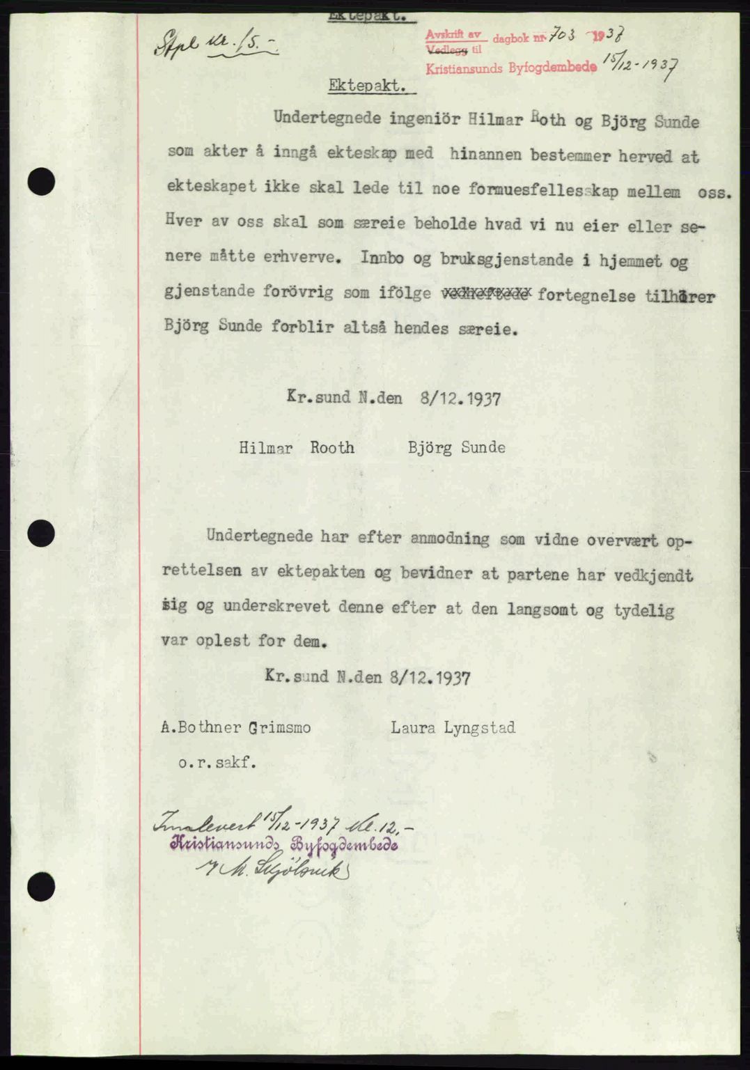 Kristiansund byfogd, AV/SAT-A-4587/A/27: Mortgage book no. 29, 1936-1937, Diary no: : 703/1937