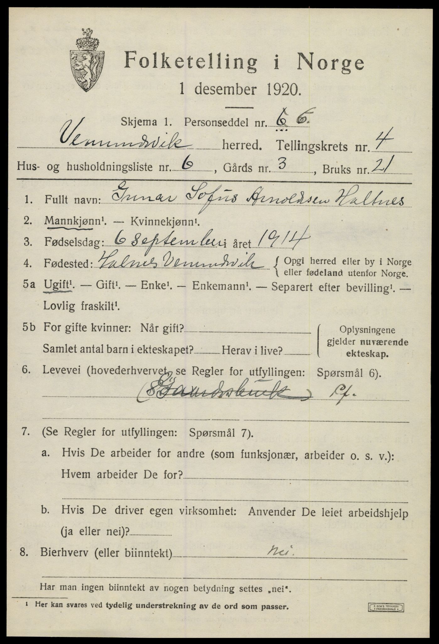 SAT, 1920 census for Vemundvik, 1920, p. 4267