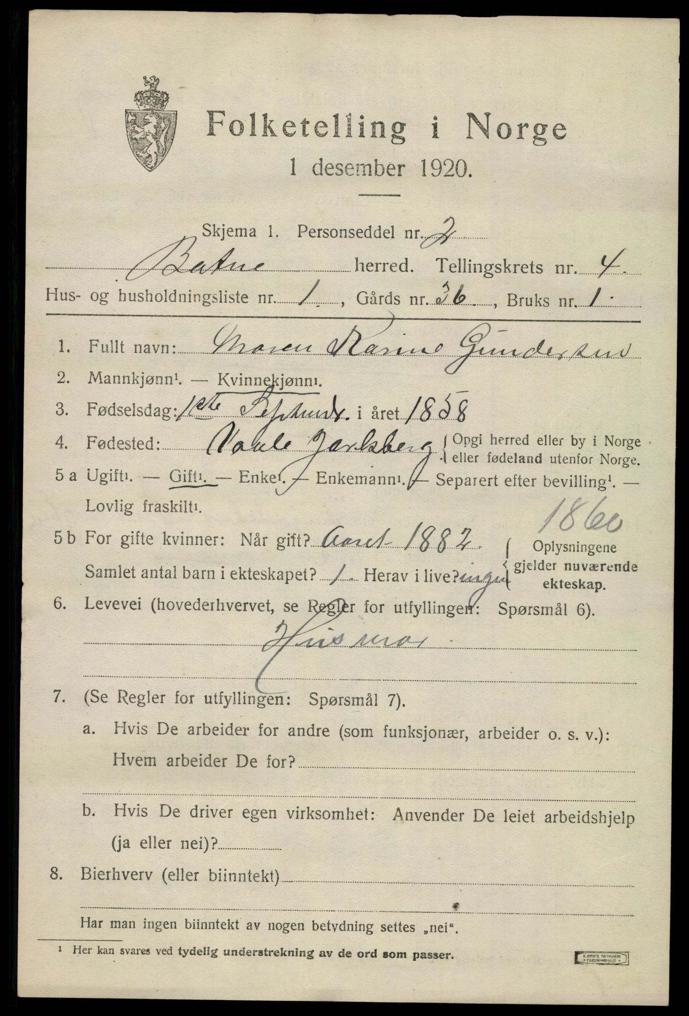 SAKO, 1920 census for Botne, 1920, p. 3587