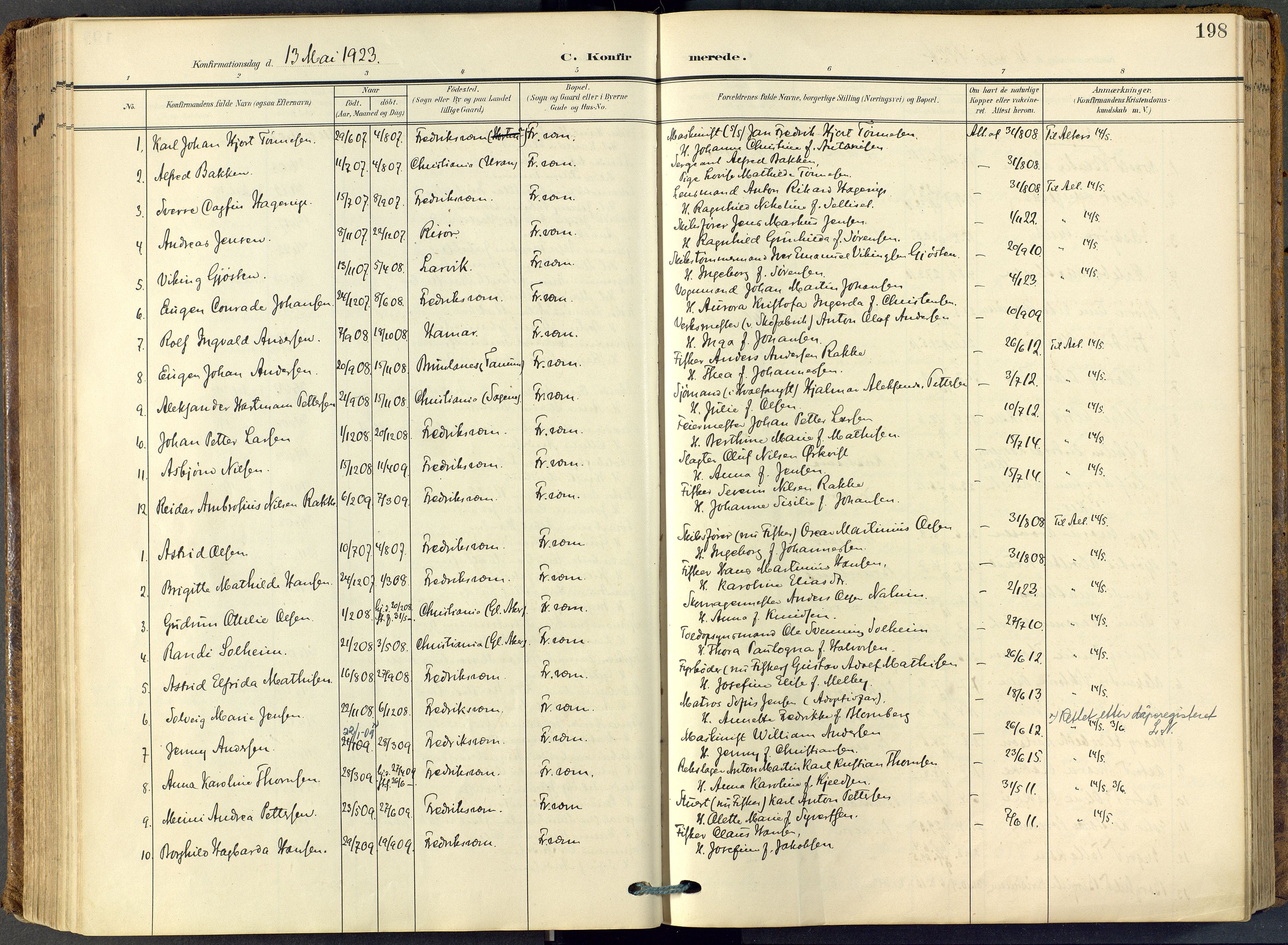 Stavern kirkebøker, SAKO/A-318/F/Fa/L0009: Parish register (official) no. 9, 1906-1955, p. 198
