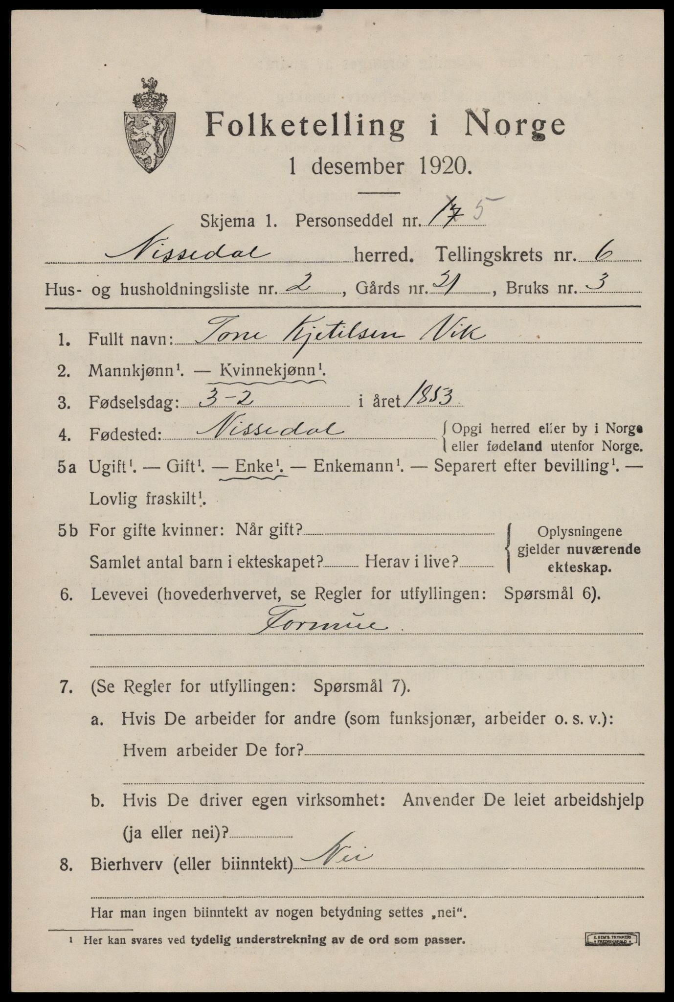 SAKO, 1920 census for Nissedal, 1920, p. 2303