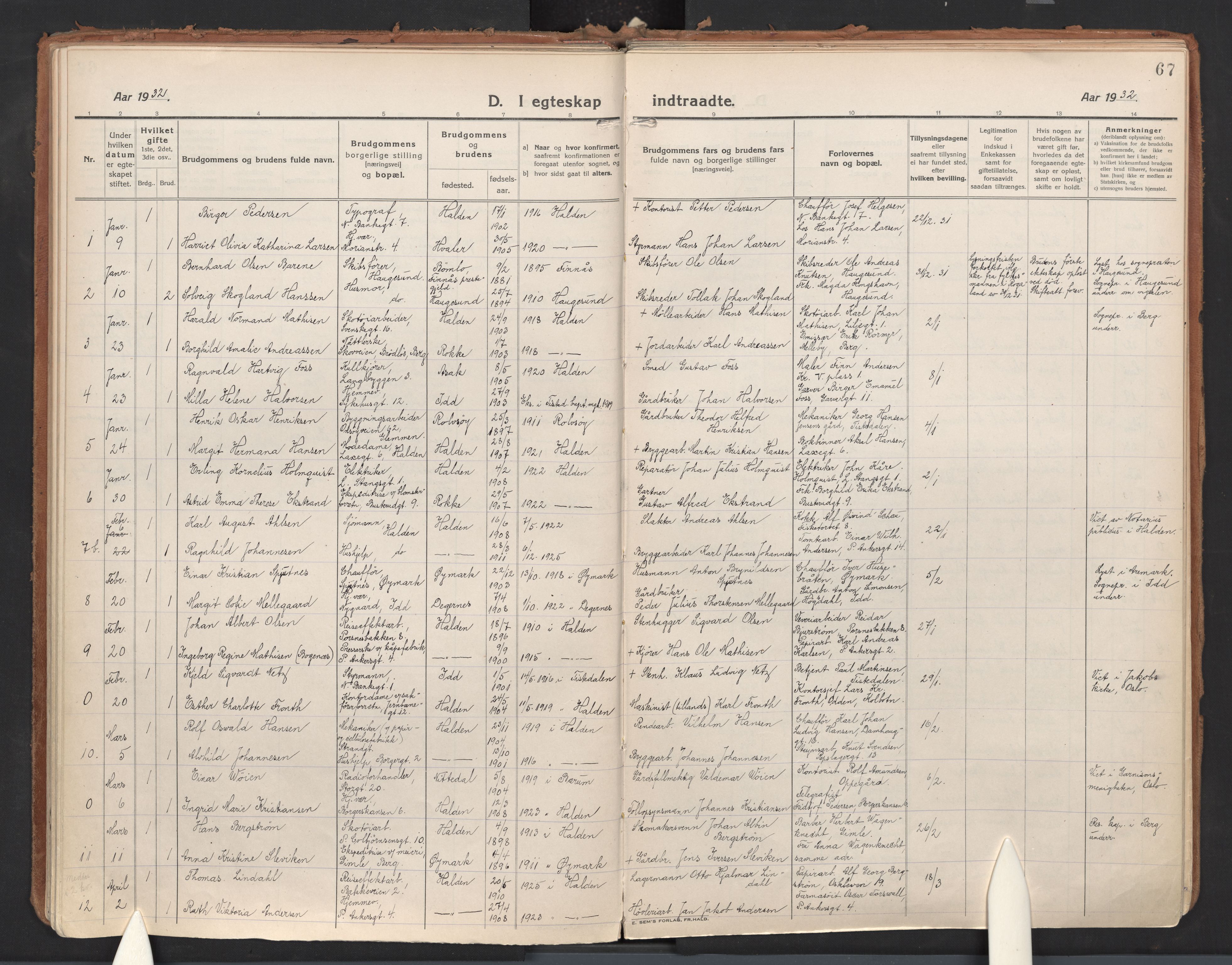 Halden prestekontor Kirkebøker, SAO/A-10909/F/Fa/L0017: Parish register (official) no. I 17, 1921-1945, p. 67