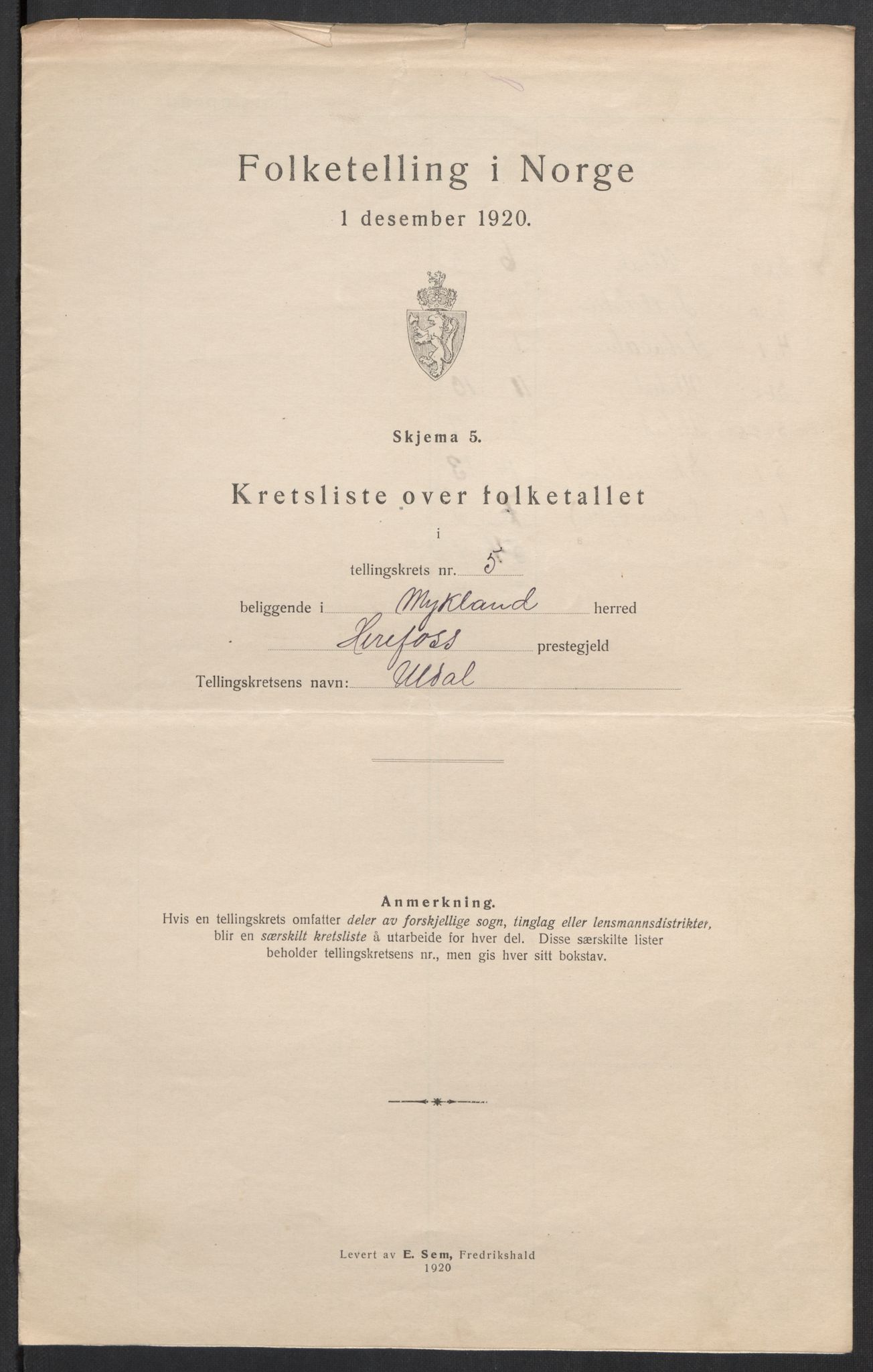 SAK, 1920 census for Mykland, 1920, p. 19