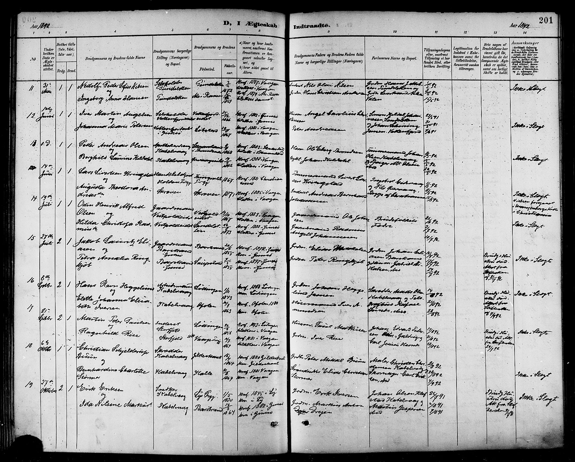 Ministerialprotokoller, klokkerbøker og fødselsregistre - Nordland, AV/SAT-A-1459/874/L1060: Parish register (official) no. 874A04, 1890-1899, p. 201