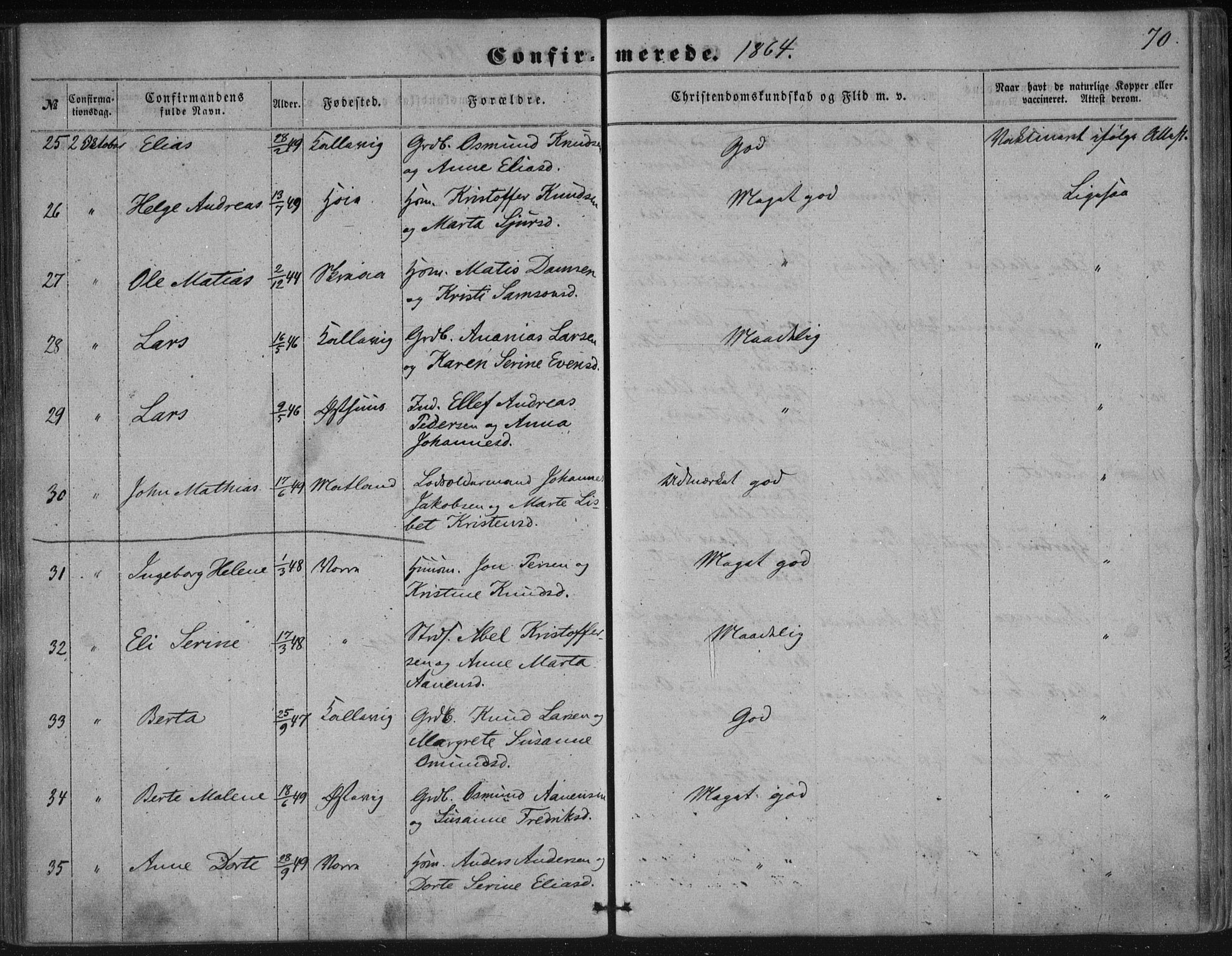 Avaldsnes sokneprestkontor, AV/SAST-A -101851/H/Ha/Haa/L0009: Parish register (official) no. A 9, 1853-1865, p. 70