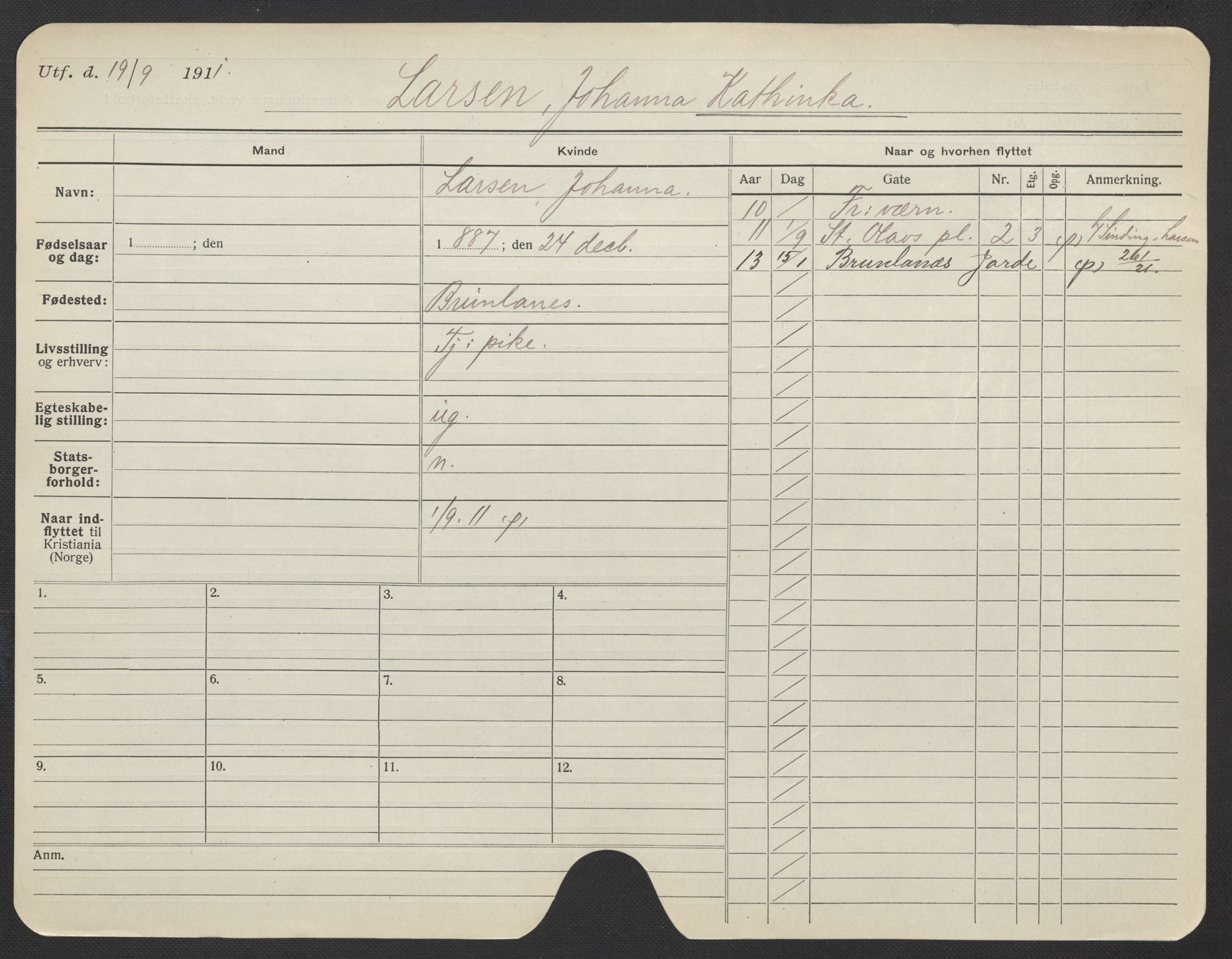 Oslo folkeregister, Registerkort, AV/SAO-A-11715/F/Fa/Fac/L0019: Kvinner, 1906-1914, p. 1006a