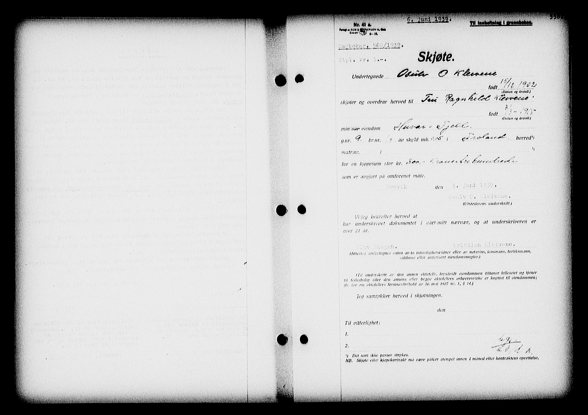 Nedenes sorenskriveri, AV/SAK-1221-0006/G/Gb/Gba/L0046: Mortgage book no. 42, 1938-1939, Diary no: : 560/1939