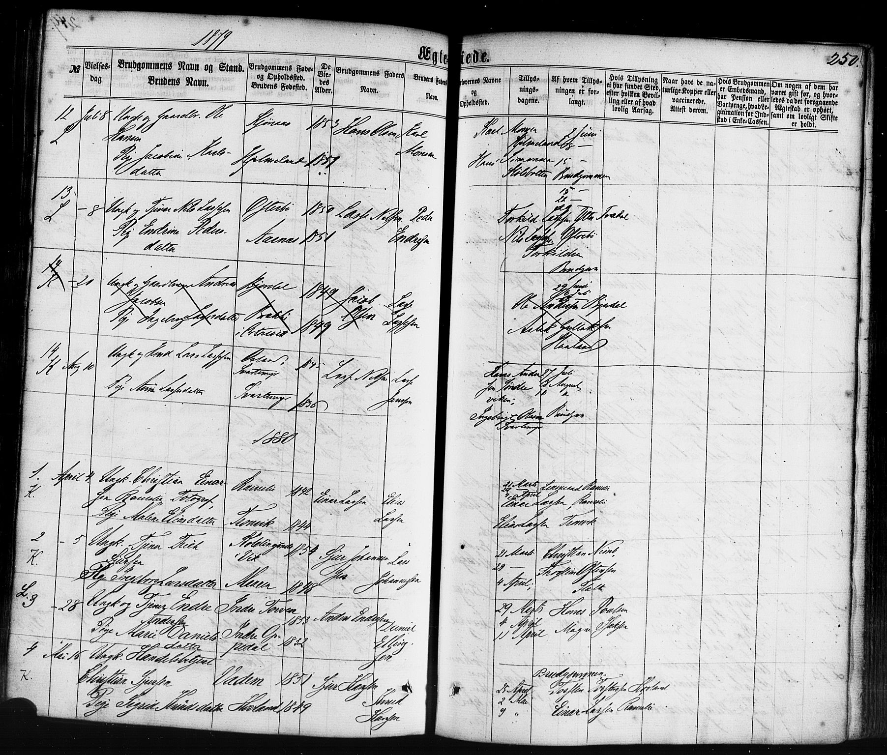 Lavik sokneprestembete, SAB/A-80901: Parish register (official) no. A 4, 1864-1881, p. 250