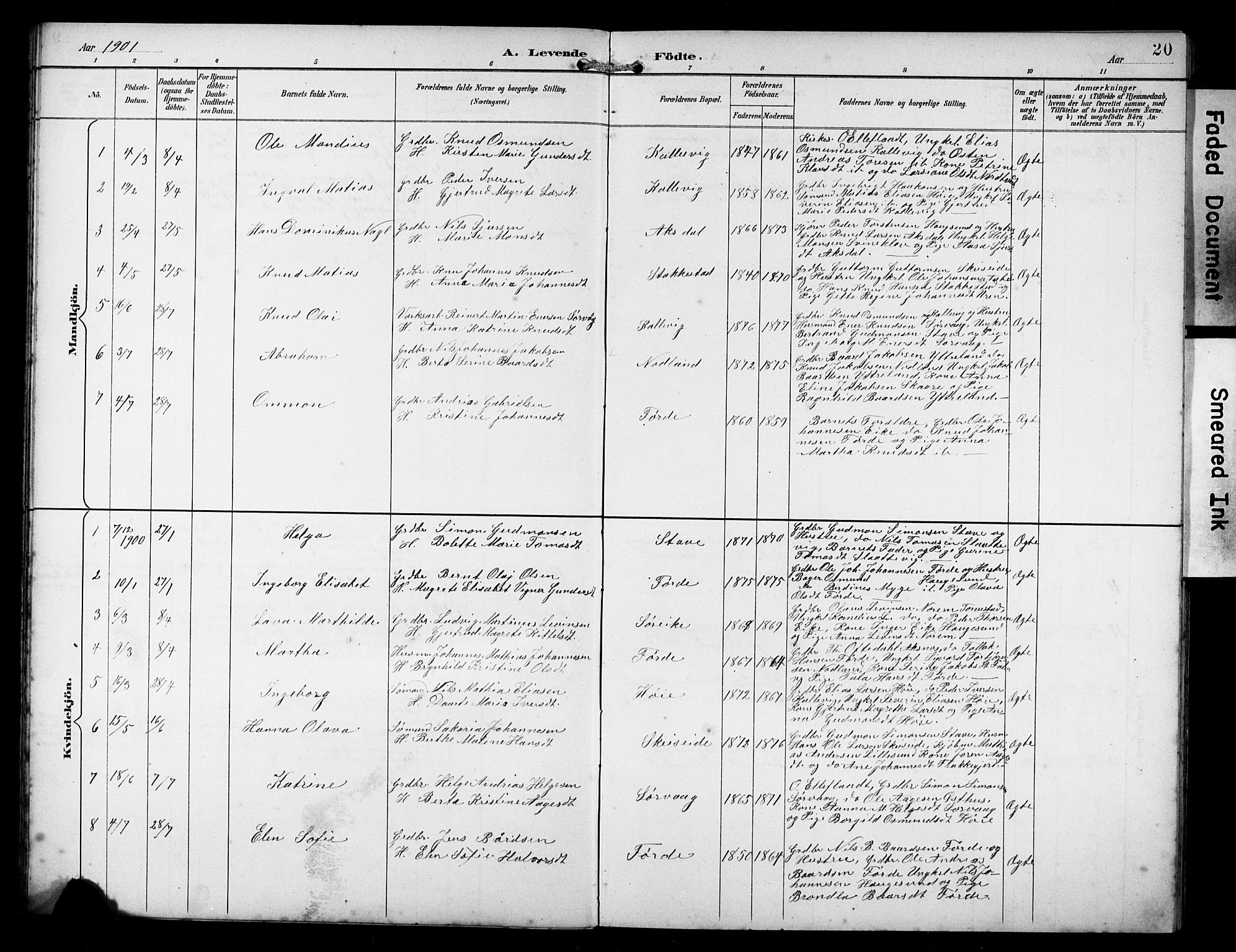 Avaldsnes sokneprestkontor, AV/SAST-A -101851/H/Ha/Hab/L0011: Parish register (copy) no. B 11, 1893-1929, p. 20