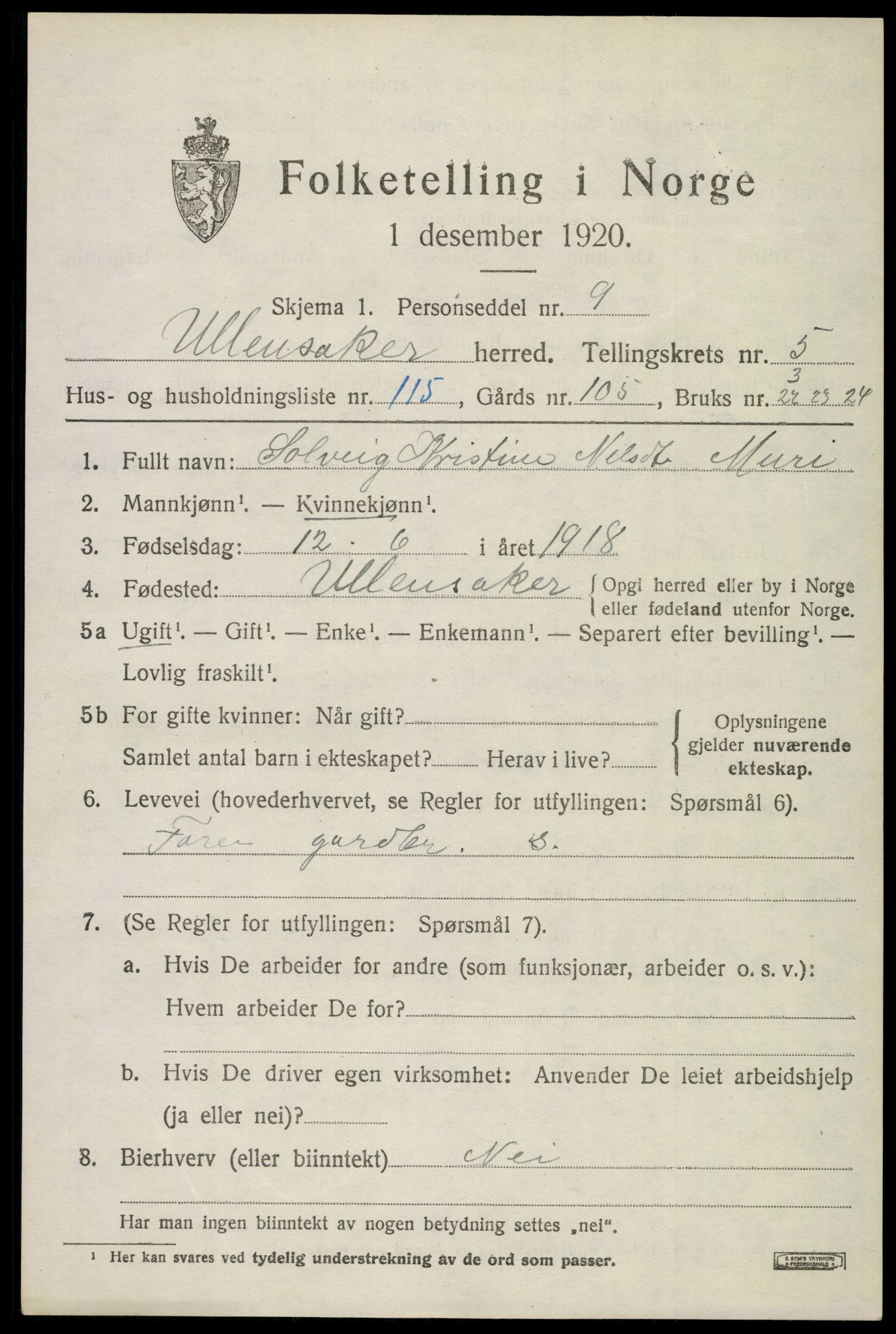 SAO, 1920 census for Ullensaker, 1920, p. 10447