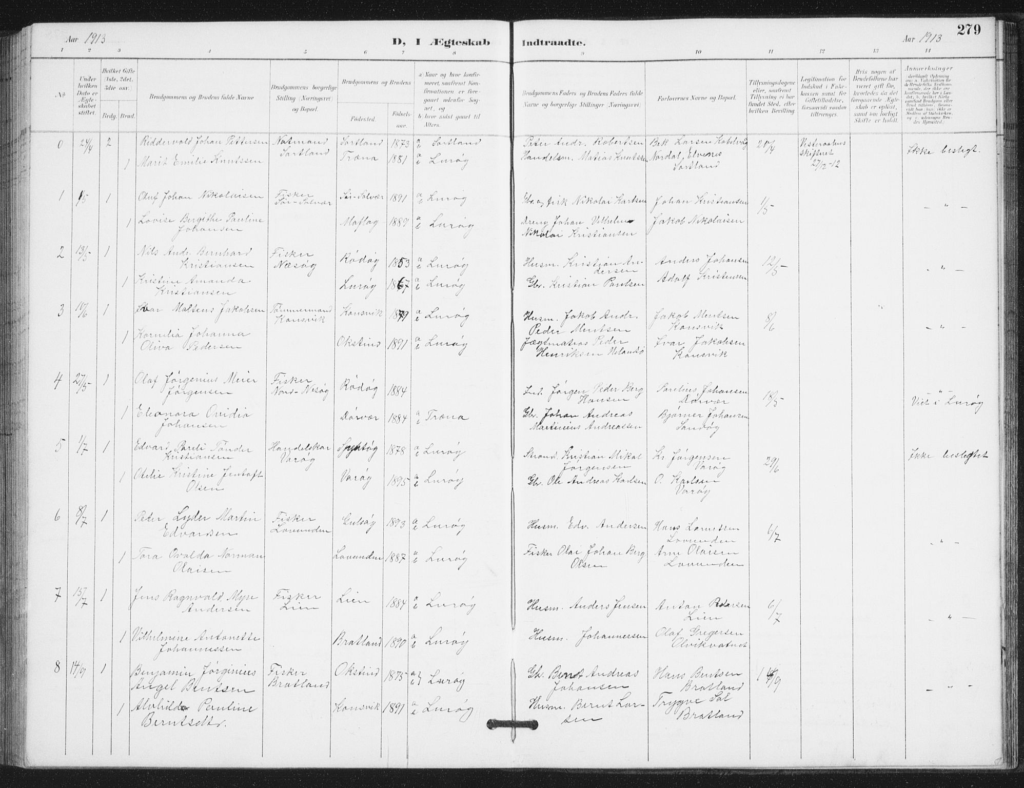 Ministerialprotokoller, klokkerbøker og fødselsregistre - Nordland, AV/SAT-A-1459/839/L0573: Parish register (copy) no. 839C03, 1892-1917, p. 279