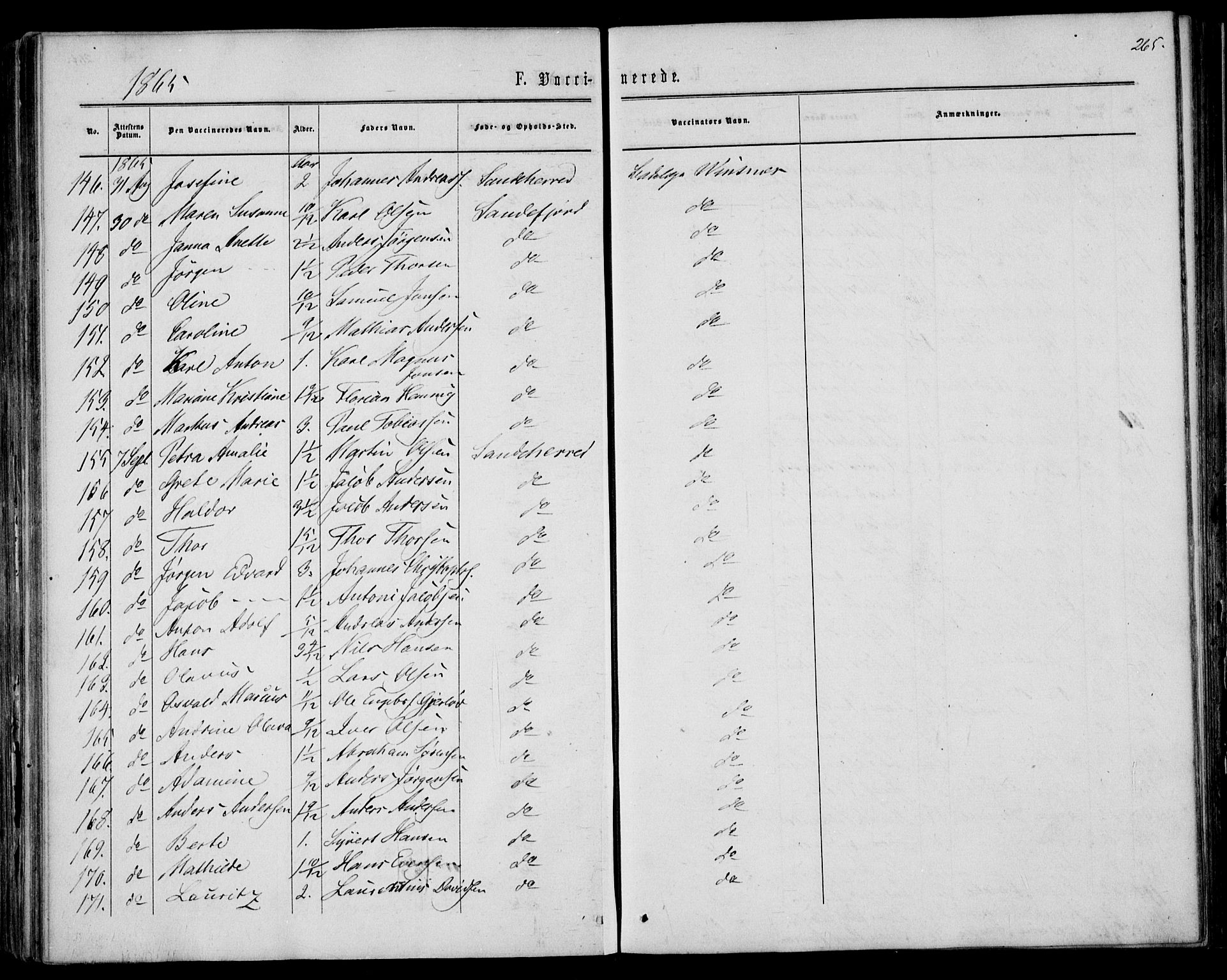 Sandar kirkebøker, AV/SAKO-A-243/F/Fa/L0009: Parish register (official) no. 9, 1862-1871, p. 265