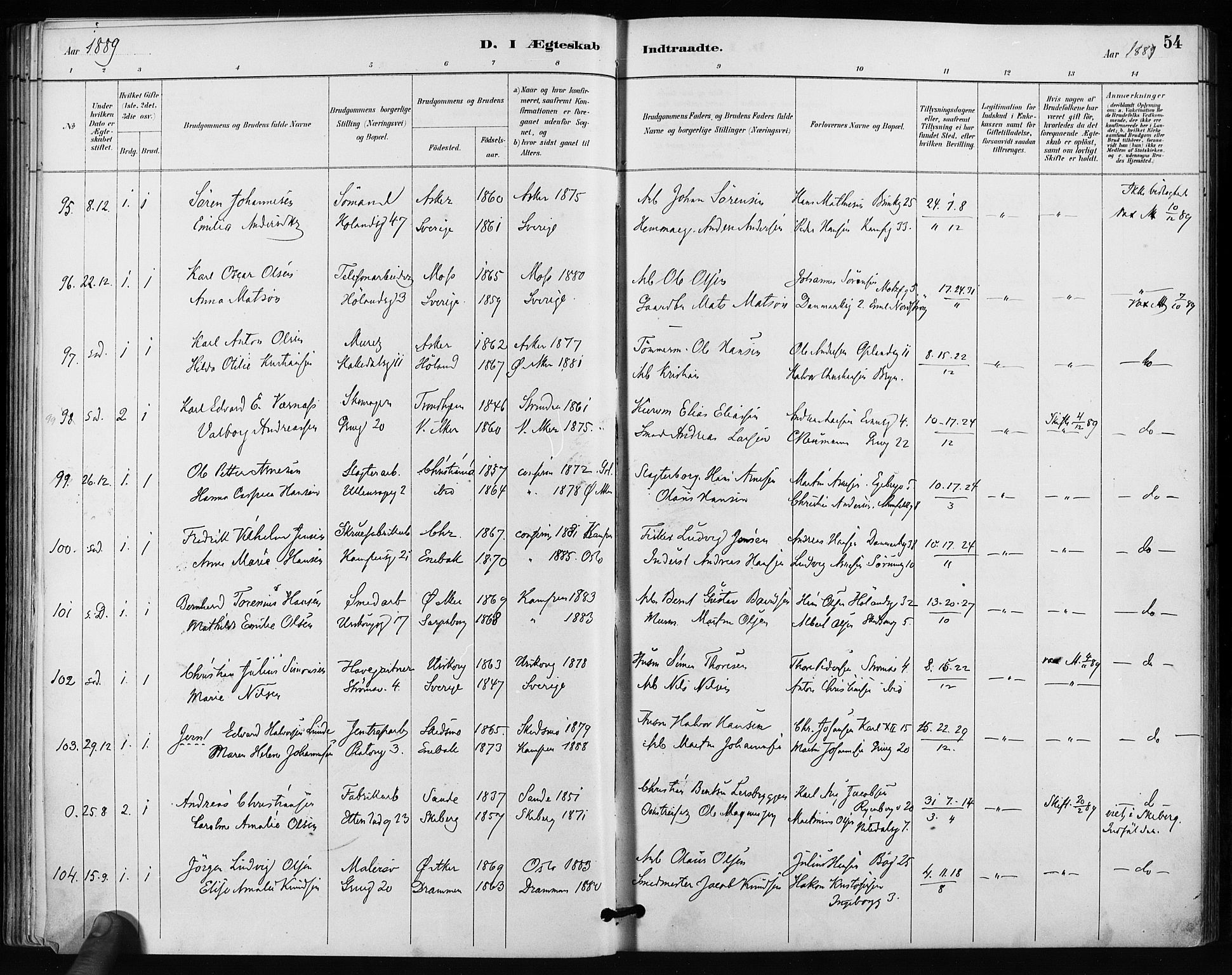 Kampen prestekontor Kirkebøker, SAO/A-10853/F/Fa/L0004: Parish register (official) no. I 4, 1885-1892, p. 54