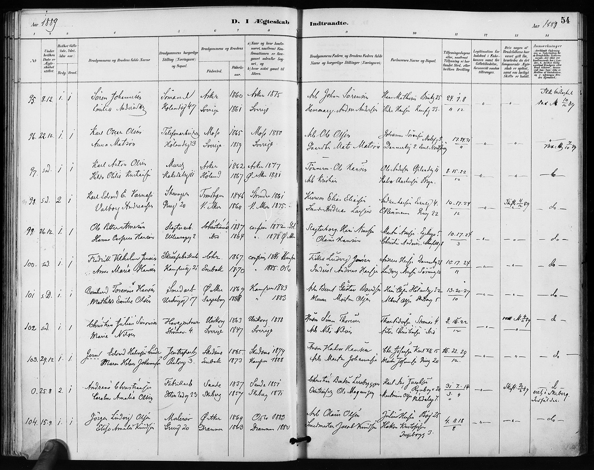 Kampen prestekontor Kirkebøker, AV/SAO-A-10853/F/Fa/L0004: Parish register (official) no. I 4, 1885-1892, p. 54