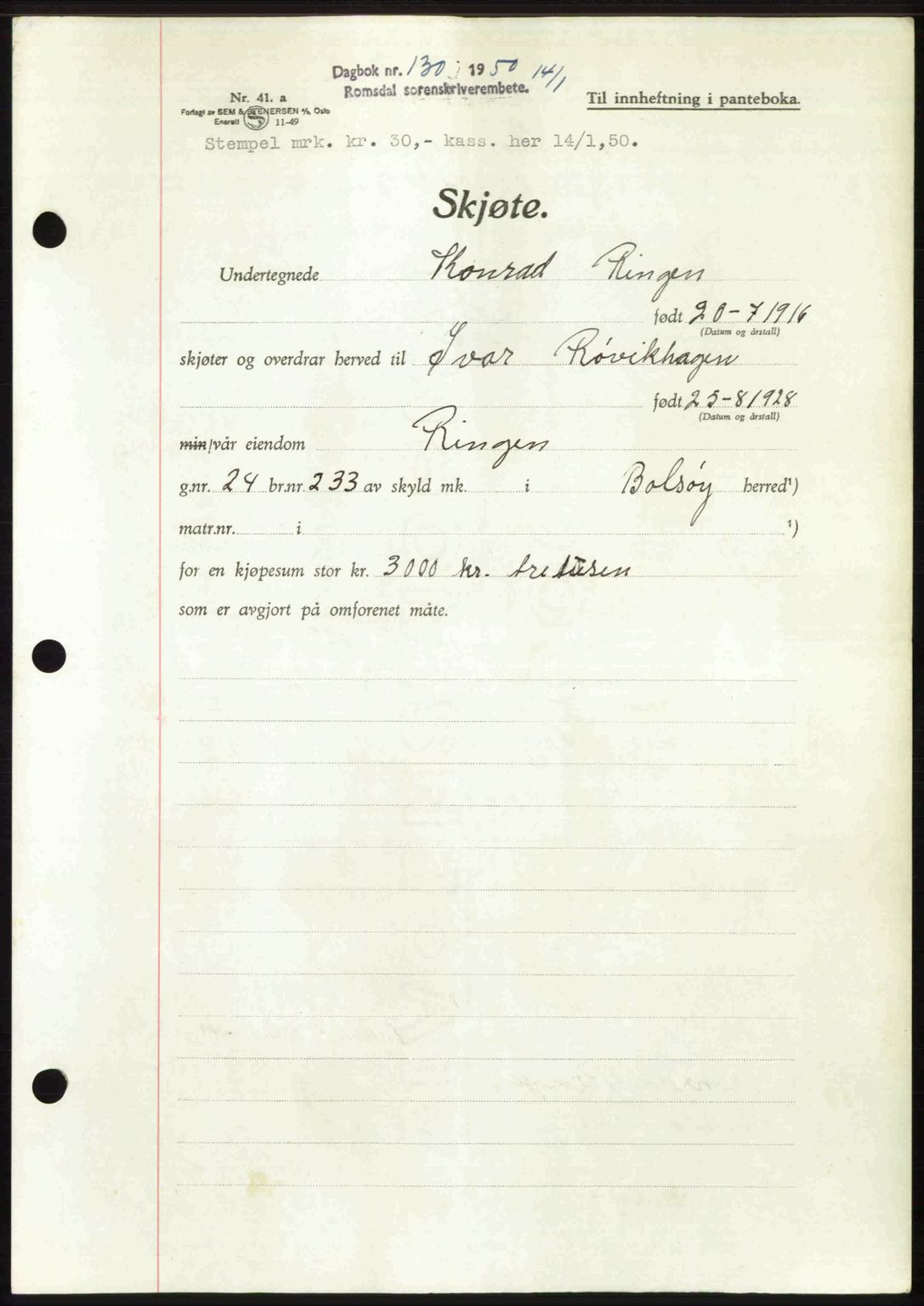 Romsdal sorenskriveri, AV/SAT-A-4149/1/2/2C: Mortgage book no. A32, 1950-1950, Diary no: : 130/1950