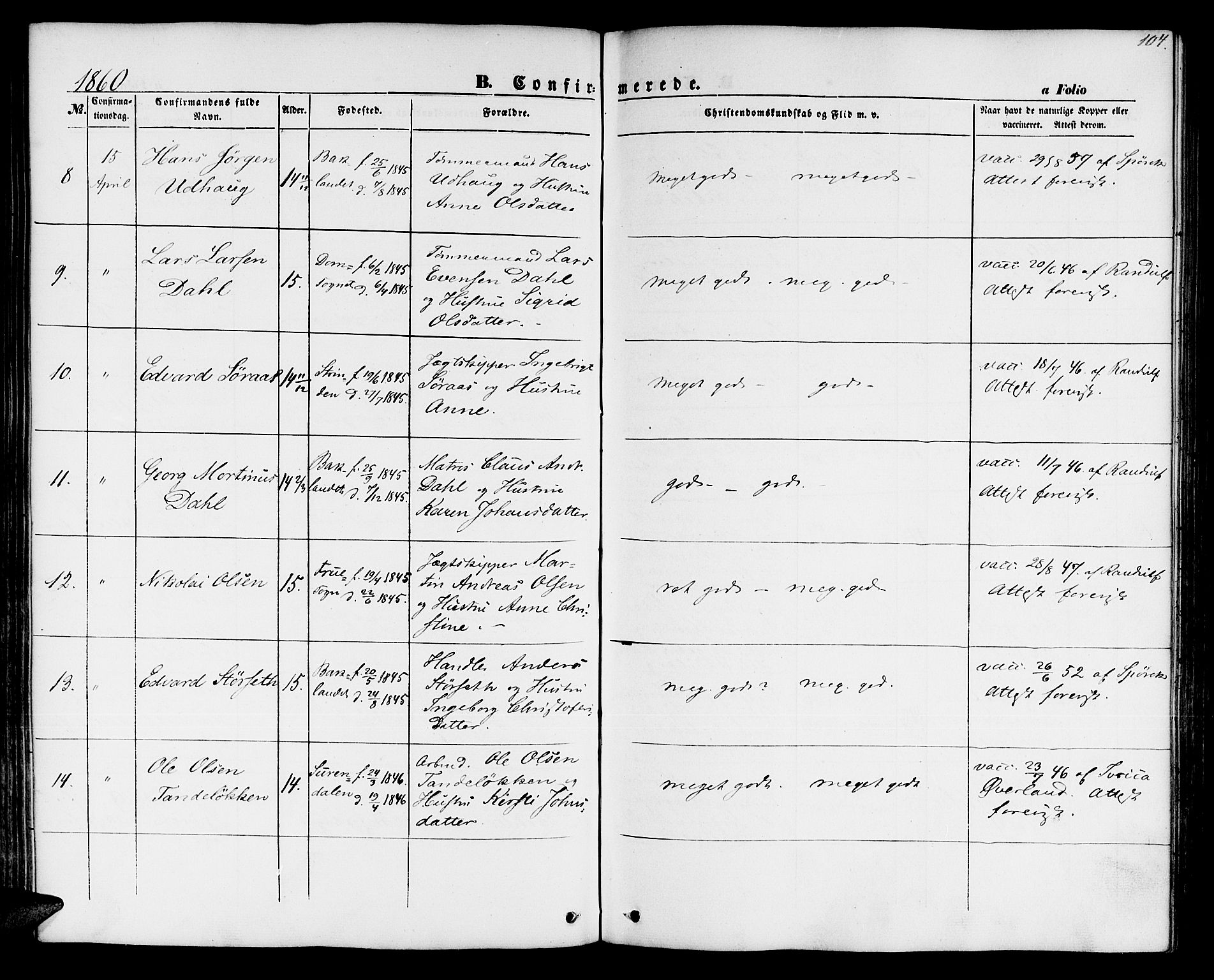 Ministerialprotokoller, klokkerbøker og fødselsregistre - Sør-Trøndelag, SAT/A-1456/604/L0184: Parish register (official) no. 604A05, 1851-1860, p. 104