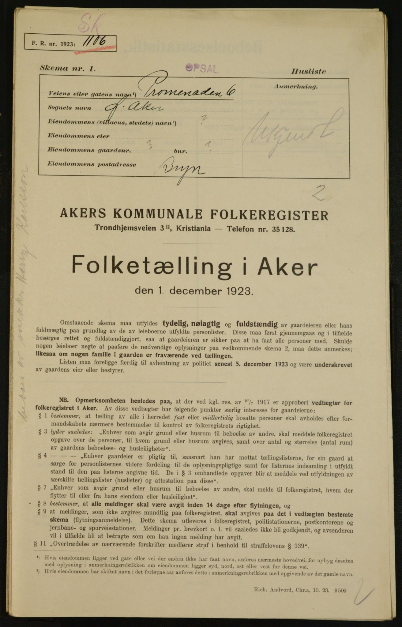 , Municipal Census 1923 for Aker, 1923, p. 29538