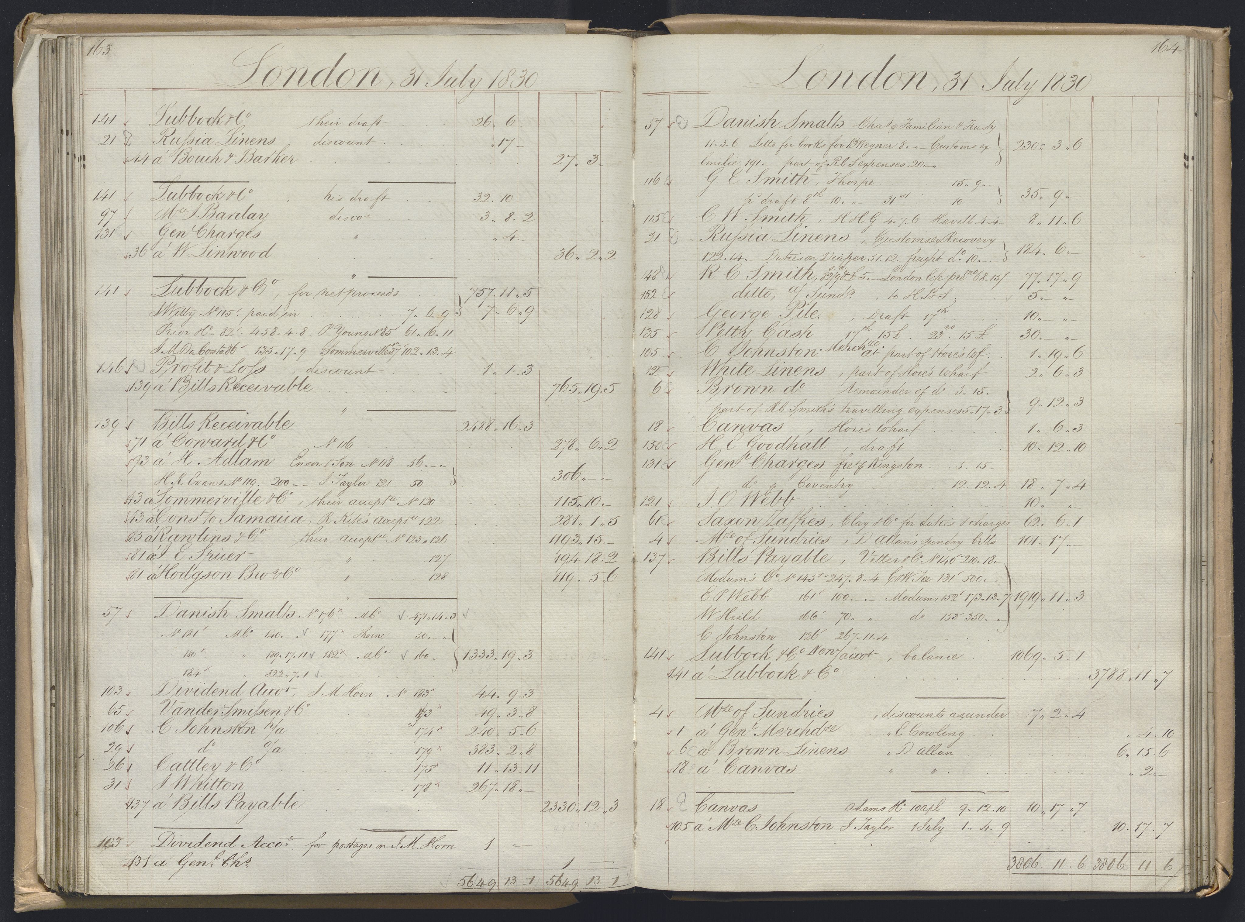 Smith, Goodhall & Reeves, AV/RA-PA-0586/R/L0001: Dagbok (Daybook) A, 1829-1831, p. 163-164