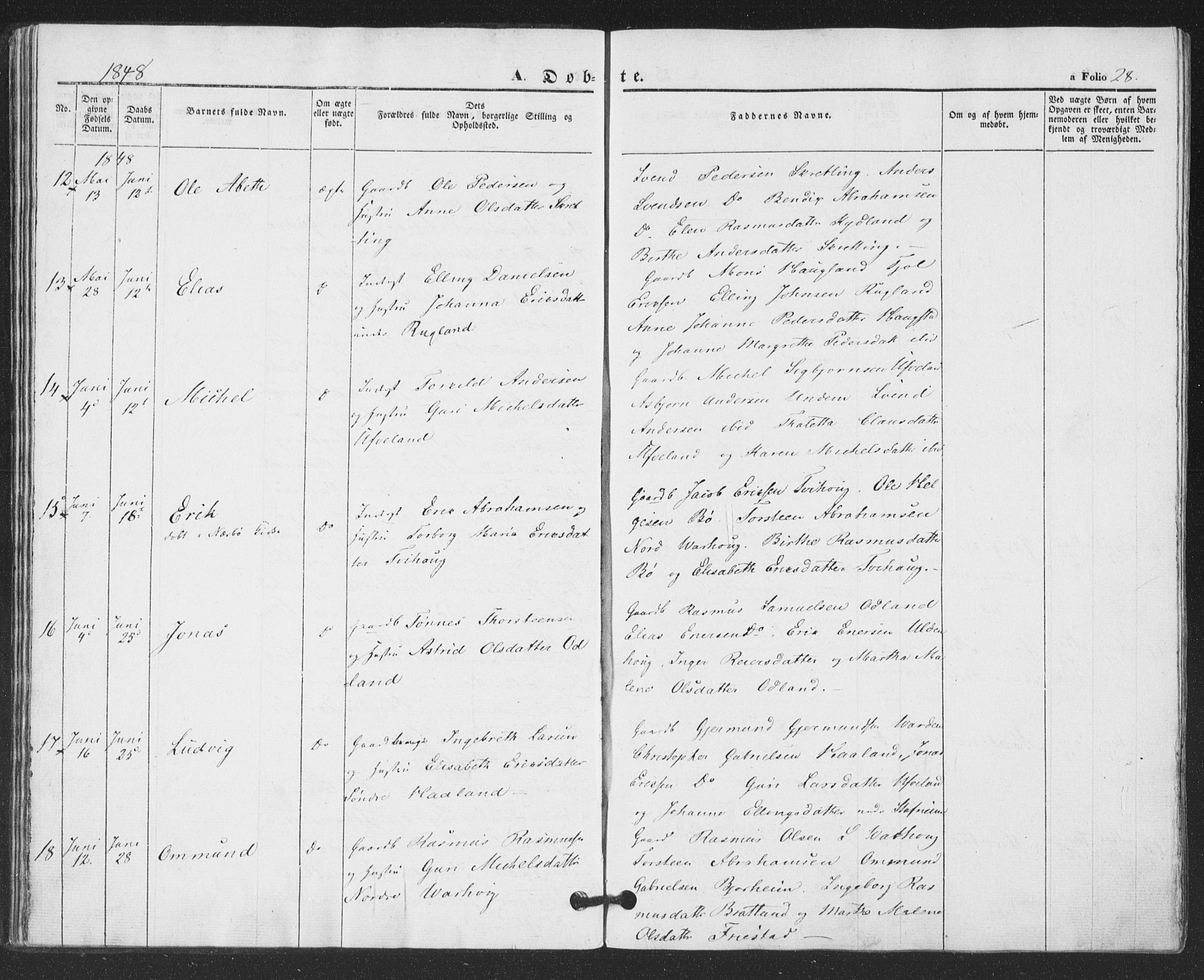 Hå sokneprestkontor, AV/SAST-A-101801/001/30BA/L0007: Parish register (official) no. A 6, 1842-1855, p. 28