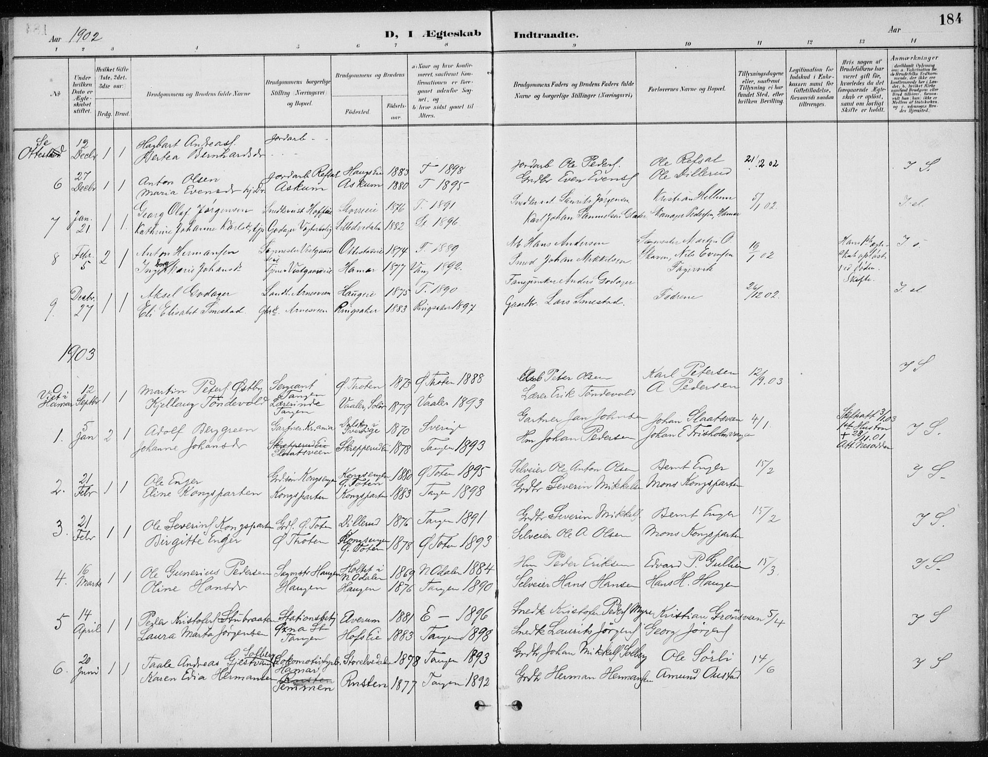 Stange prestekontor, AV/SAH-PREST-002/K/L0023: Parish register (official) no. 23, 1897-1920, p. 184