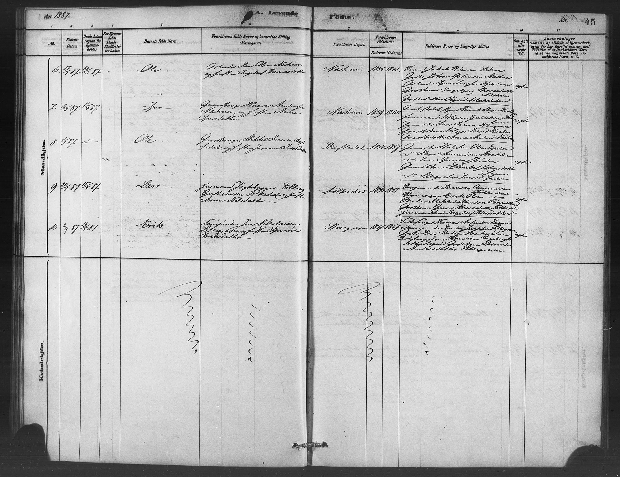 Ulvik sokneprestembete, SAB/A-78801/H/Haa: Parish register (official) no. C 1, 1878-1903, p. 45
