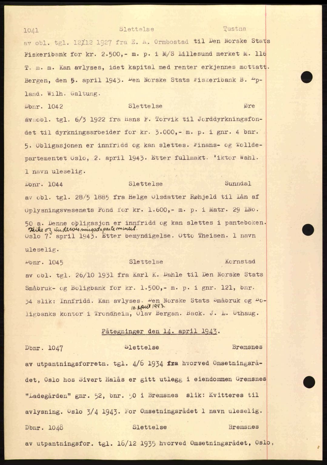 Nordmøre sorenskriveri, AV/SAT-A-4132/1/2/2Ca: Mortgage book no. C81, 1940-1945, Diary no: : 1042/1943