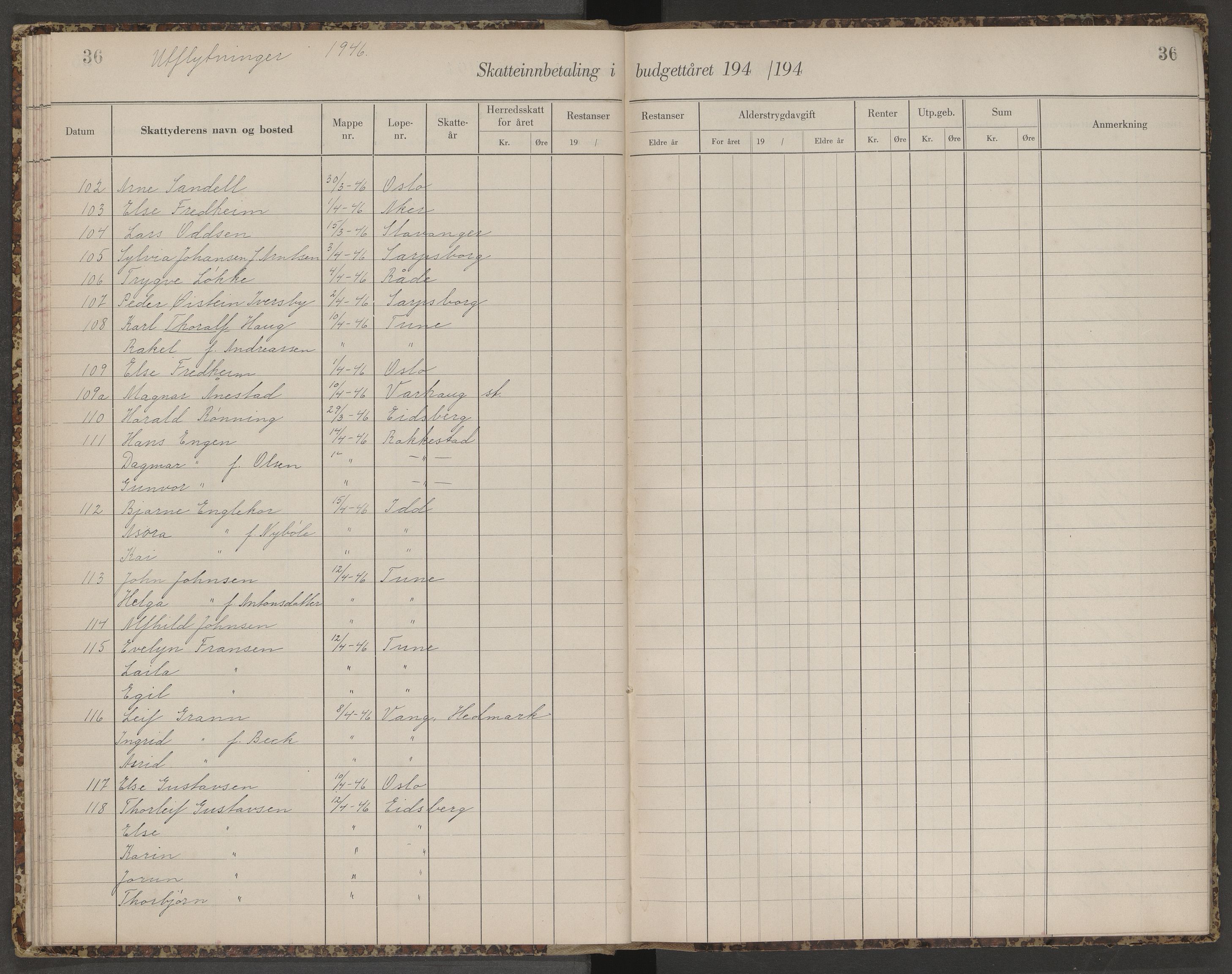 Skjeberg folkeregister, AV/SAO-A-10495/K/Ka/L0003: Fortegnelse over inn- og utflyttede, 1943-1947, p. 36