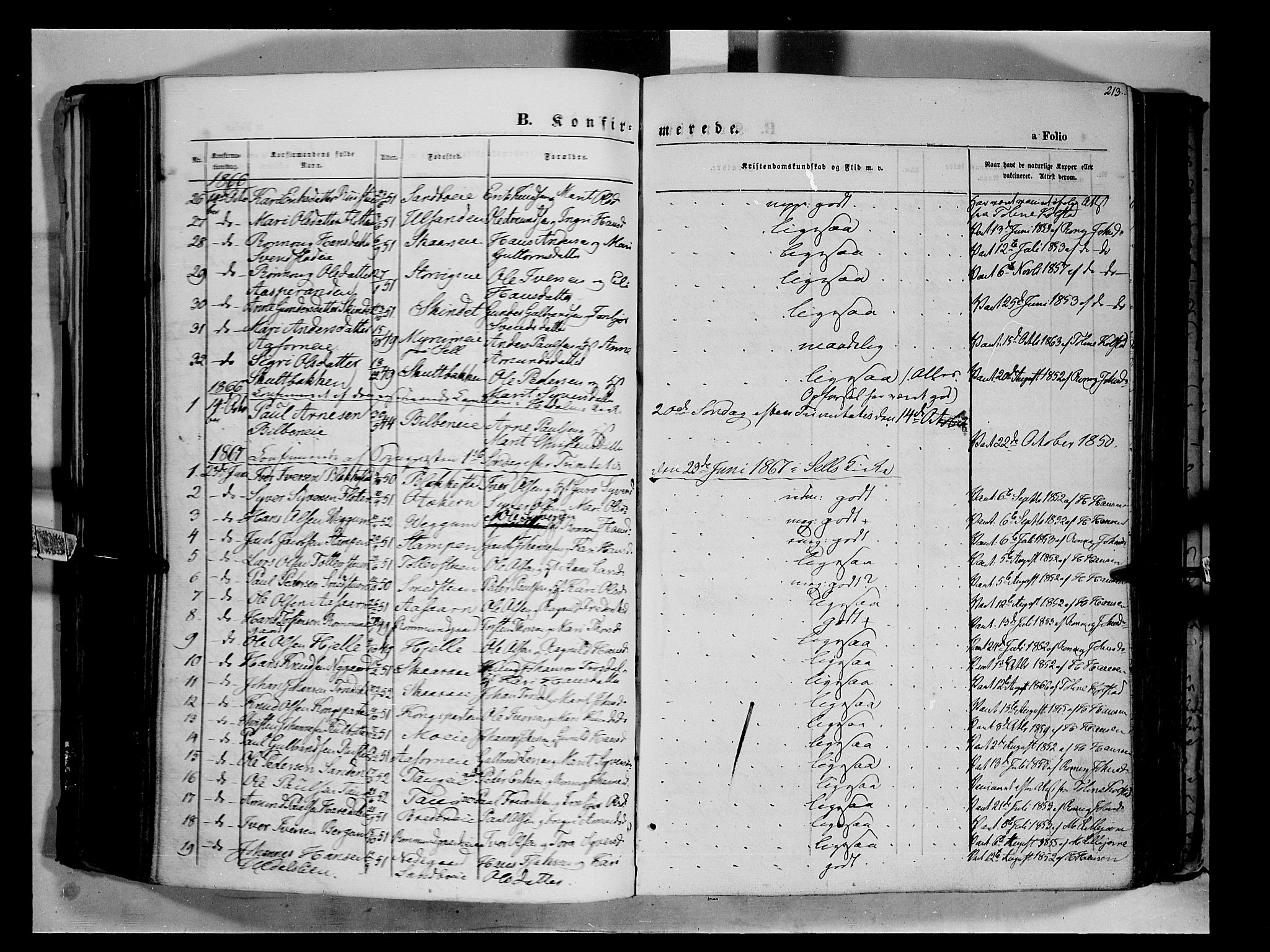 Vågå prestekontor, SAH/PREST-076/H/Ha/Haa/L0006: Parish register (official) no. 6 /1, 1856-1872, p. 213
