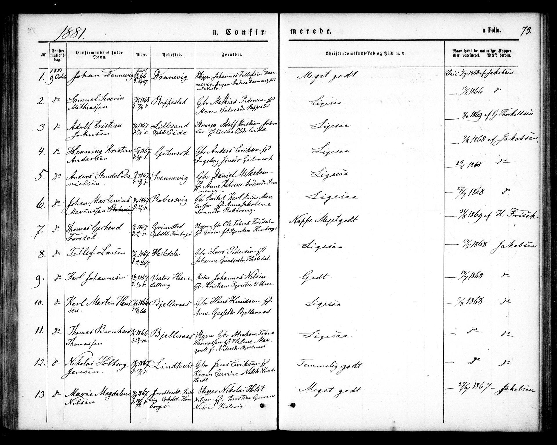 Hommedal sokneprestkontor, SAK/1111-0023/F/Fa/Faa/L0002: Parish register (official) no. A 2, 1861-1884, p. 73