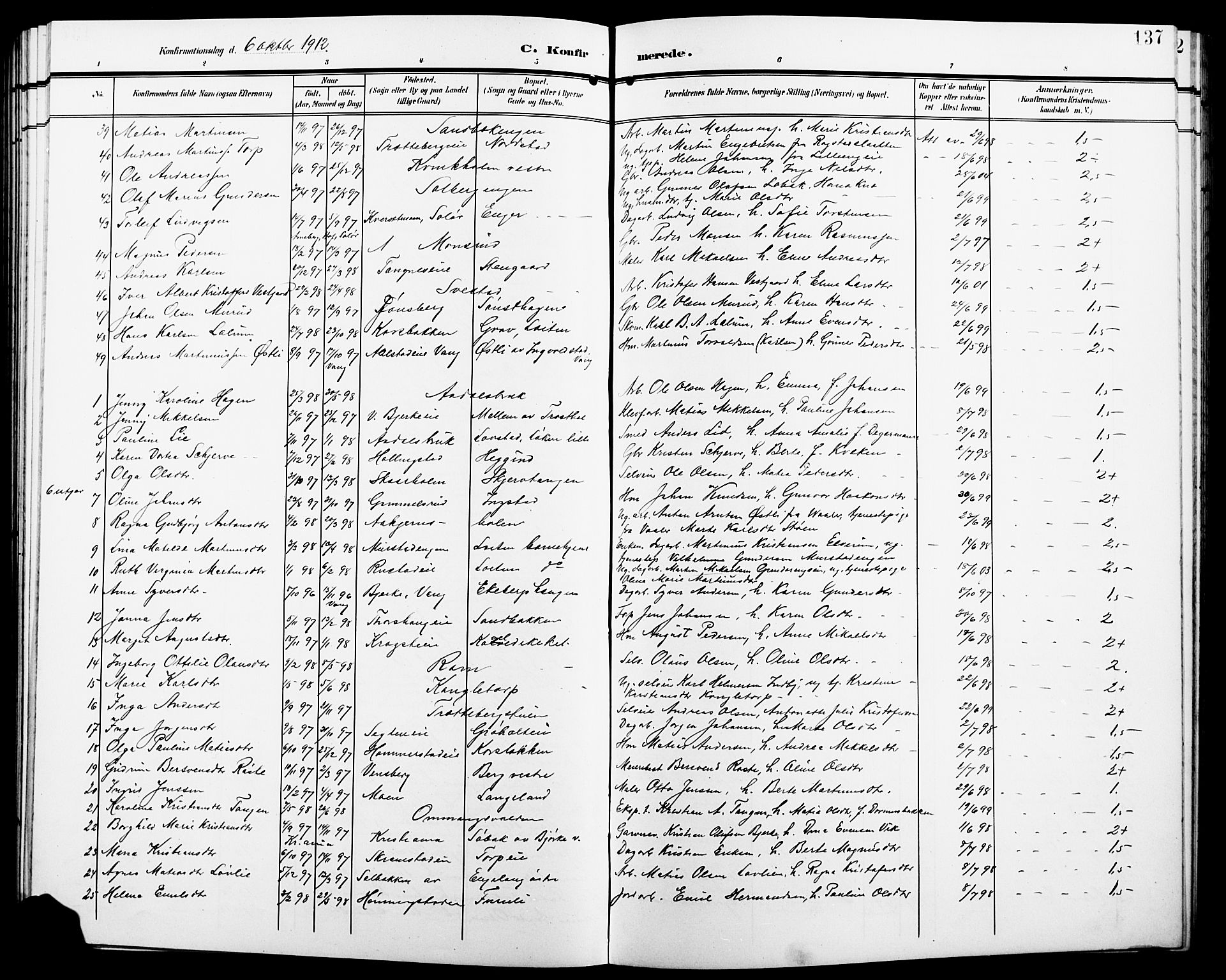 Løten prestekontor, SAH/PREST-022/L/La/L0007: Parish register (copy) no. 7, 1910-1919, p. 137