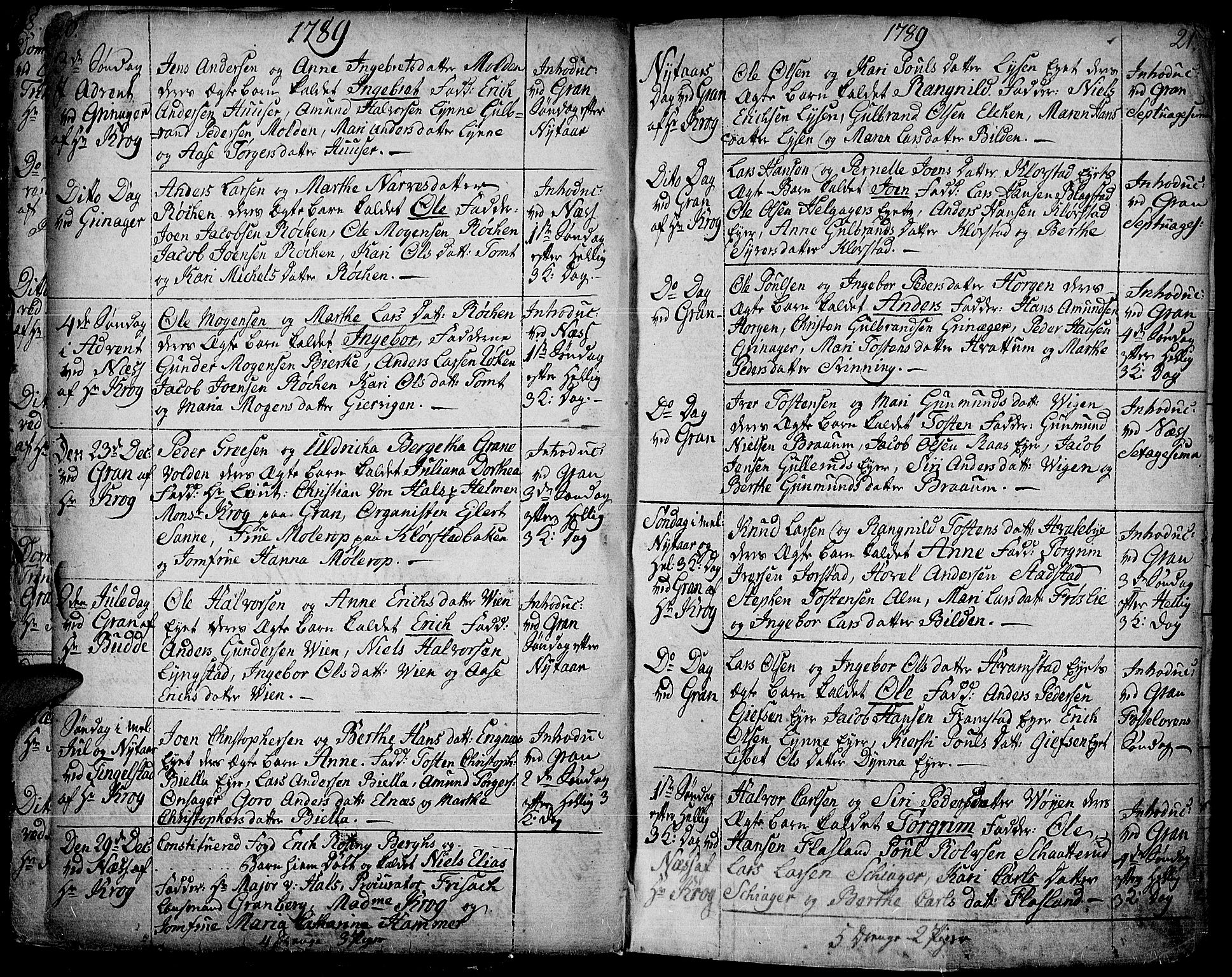 Gran prestekontor, AV/SAH-PREST-112/H/Ha/Haa/L0006: Parish register (official) no. 6, 1787-1824, p. 20-21