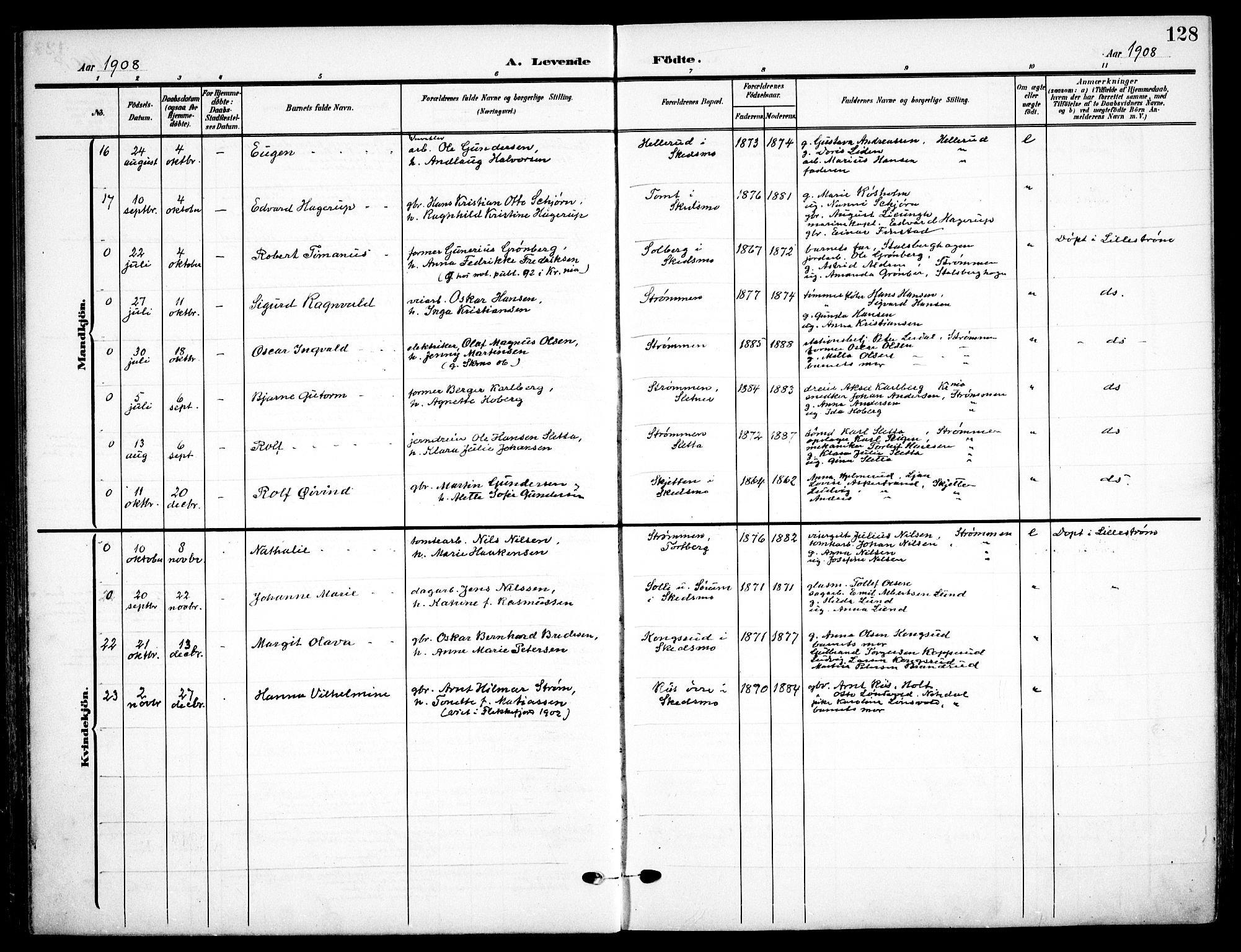 Skedsmo prestekontor Kirkebøker, AV/SAO-A-10033a/F/Fa/L0015: Parish register (official) no. I 15, 1902-1917, p. 128