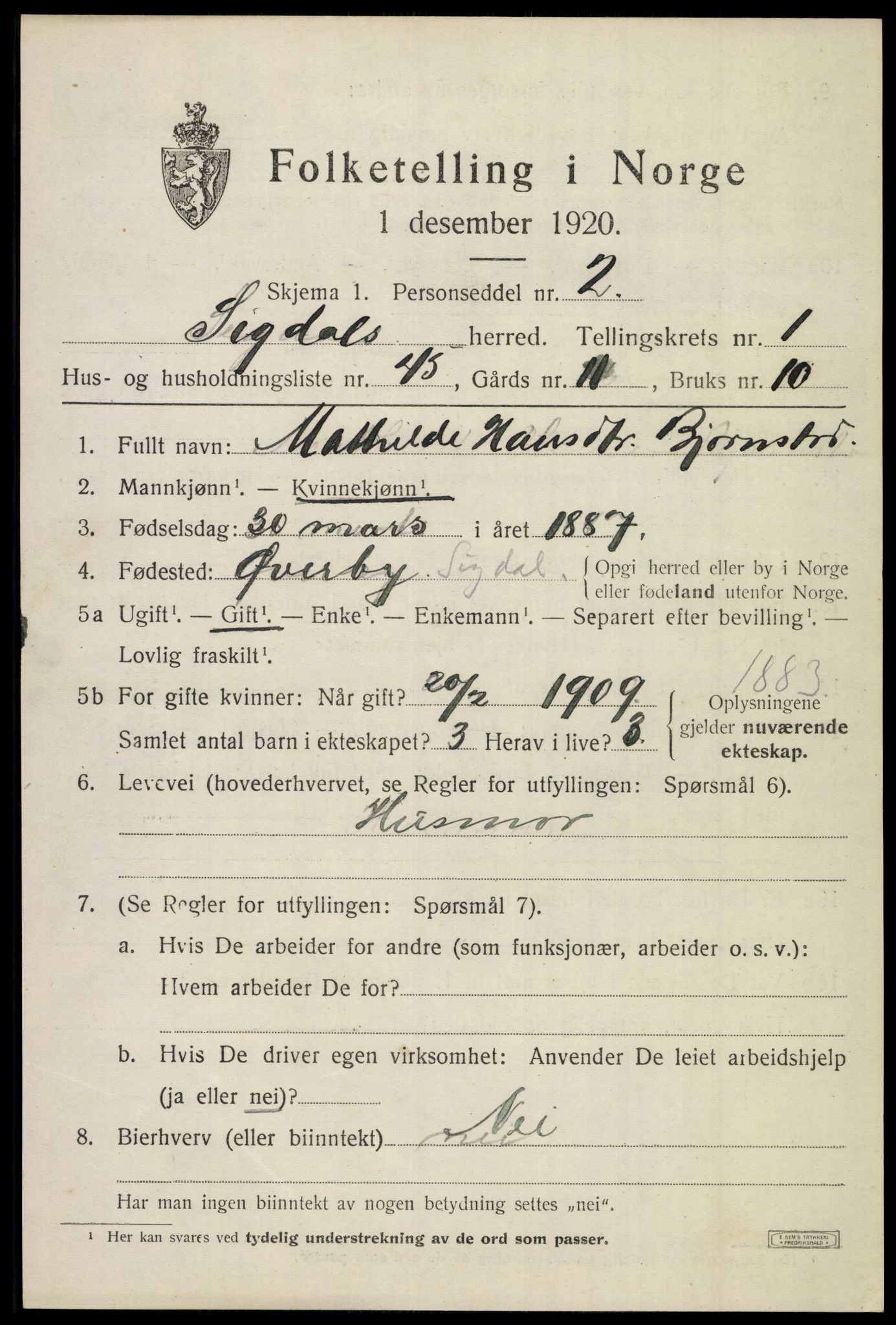 SAKO, 1920 census for Sigdal, 1920, p. 1954