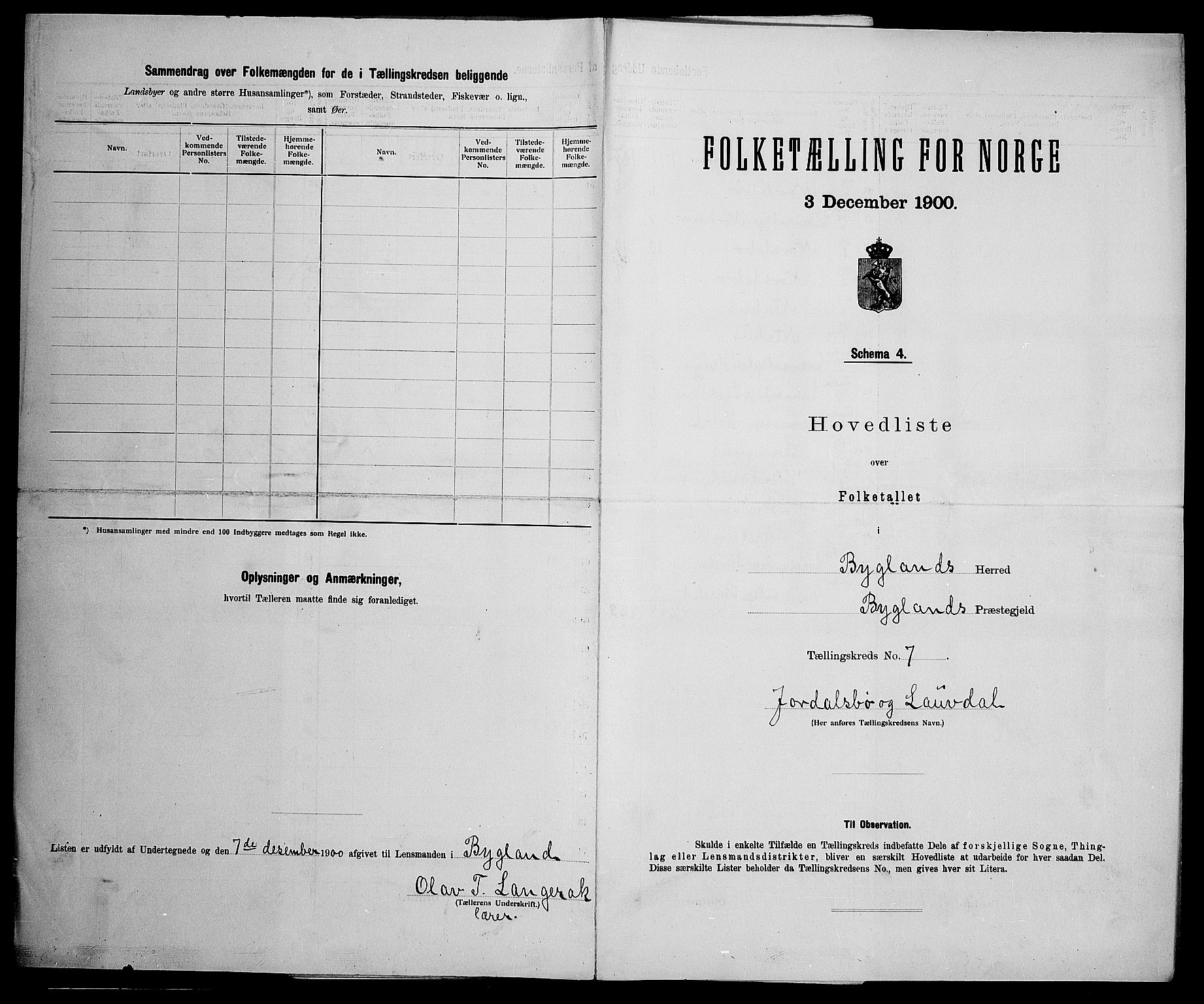 SAK, 1900 census for Bygland, 1900, p. 30