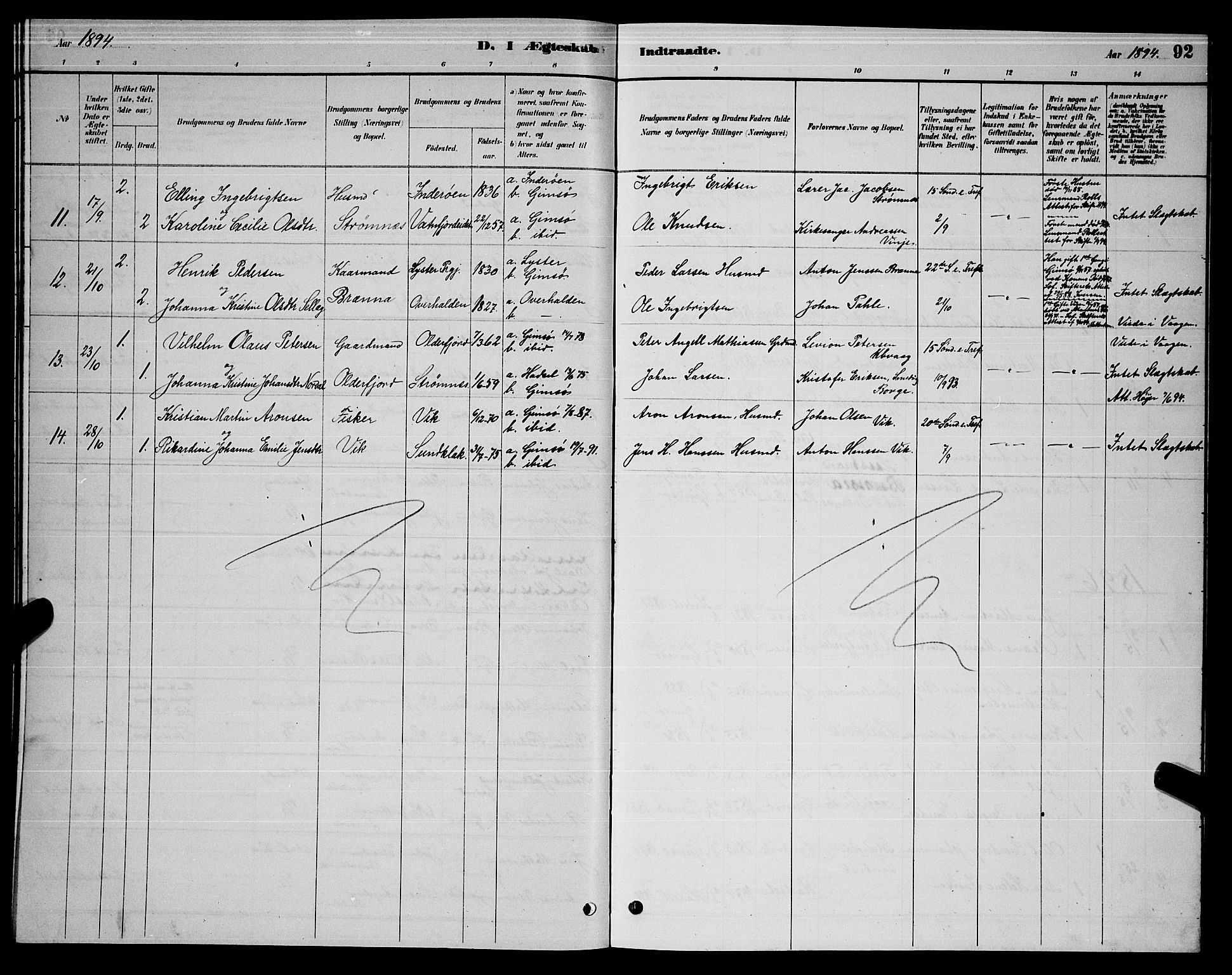 Ministerialprotokoller, klokkerbøker og fødselsregistre - Nordland, AV/SAT-A-1459/876/L1104: Parish register (copy) no. 876C03, 1886-1896, p. 92