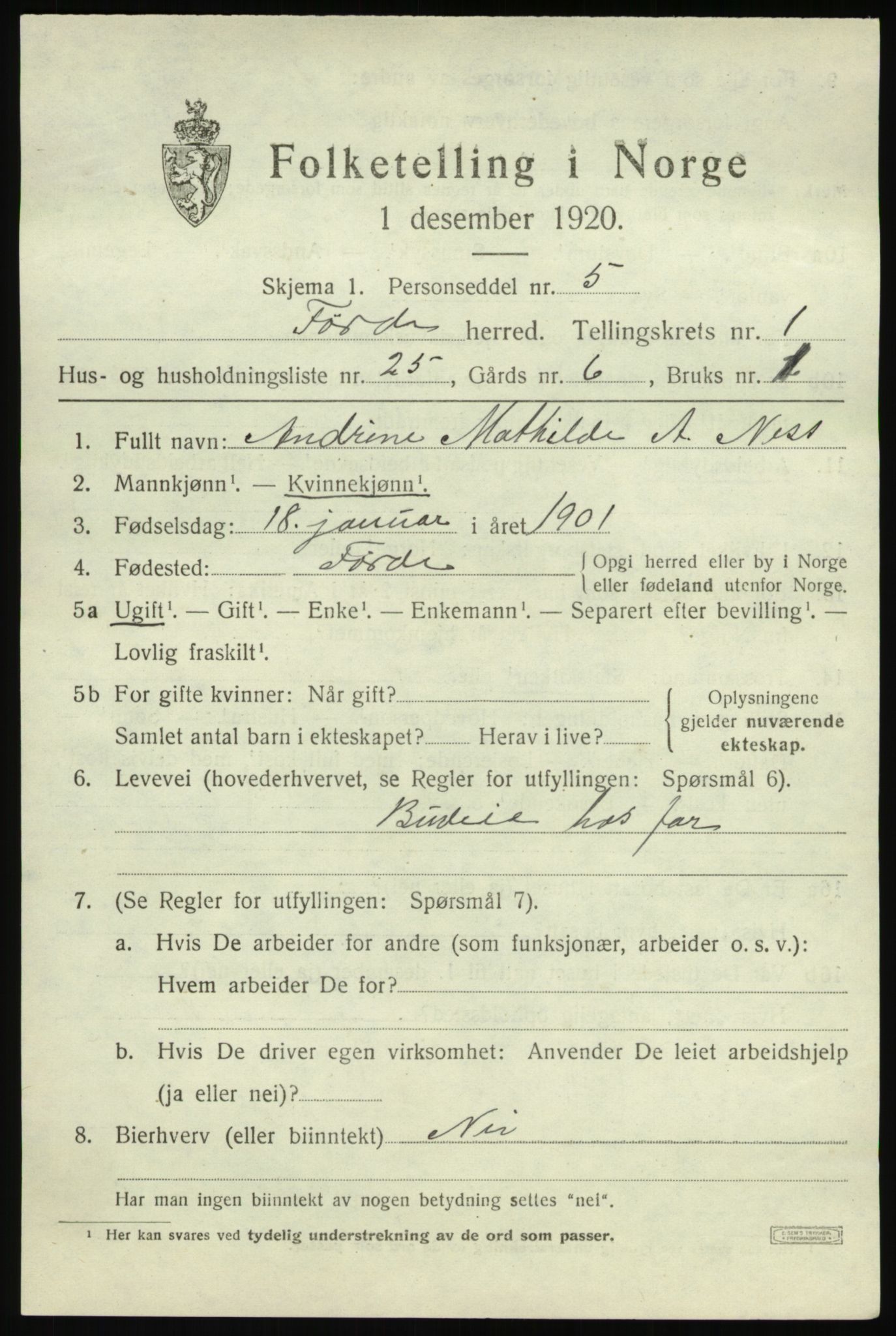 SAB, 1920 census for Førde, 1920, p. 1408