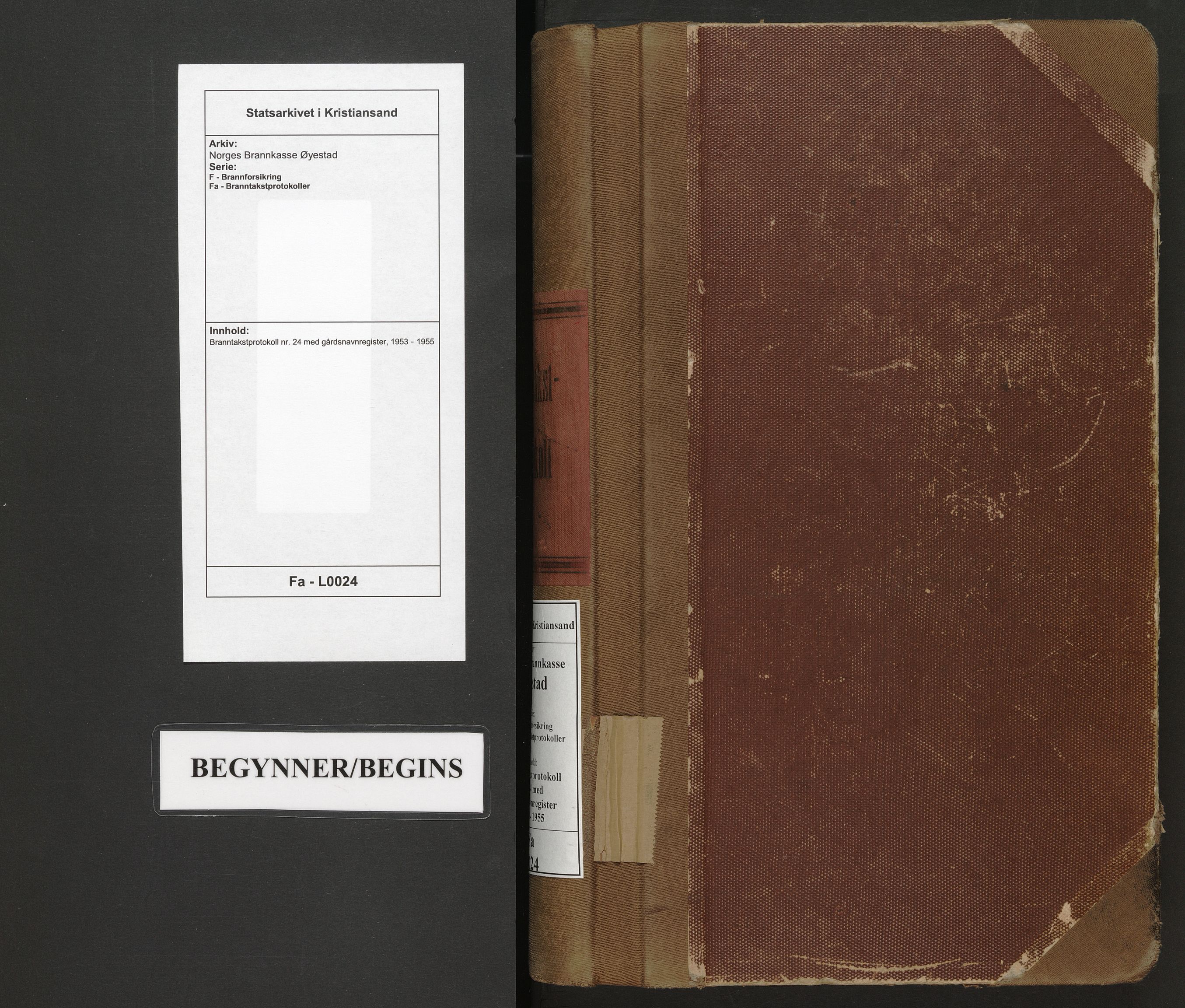 Norges Brannkasse Øyestad, SAK/2241-0059/F/Fa/L0024: Branntakstprotokoll nr. 24 med gårdsnavnregister, 1953-1955