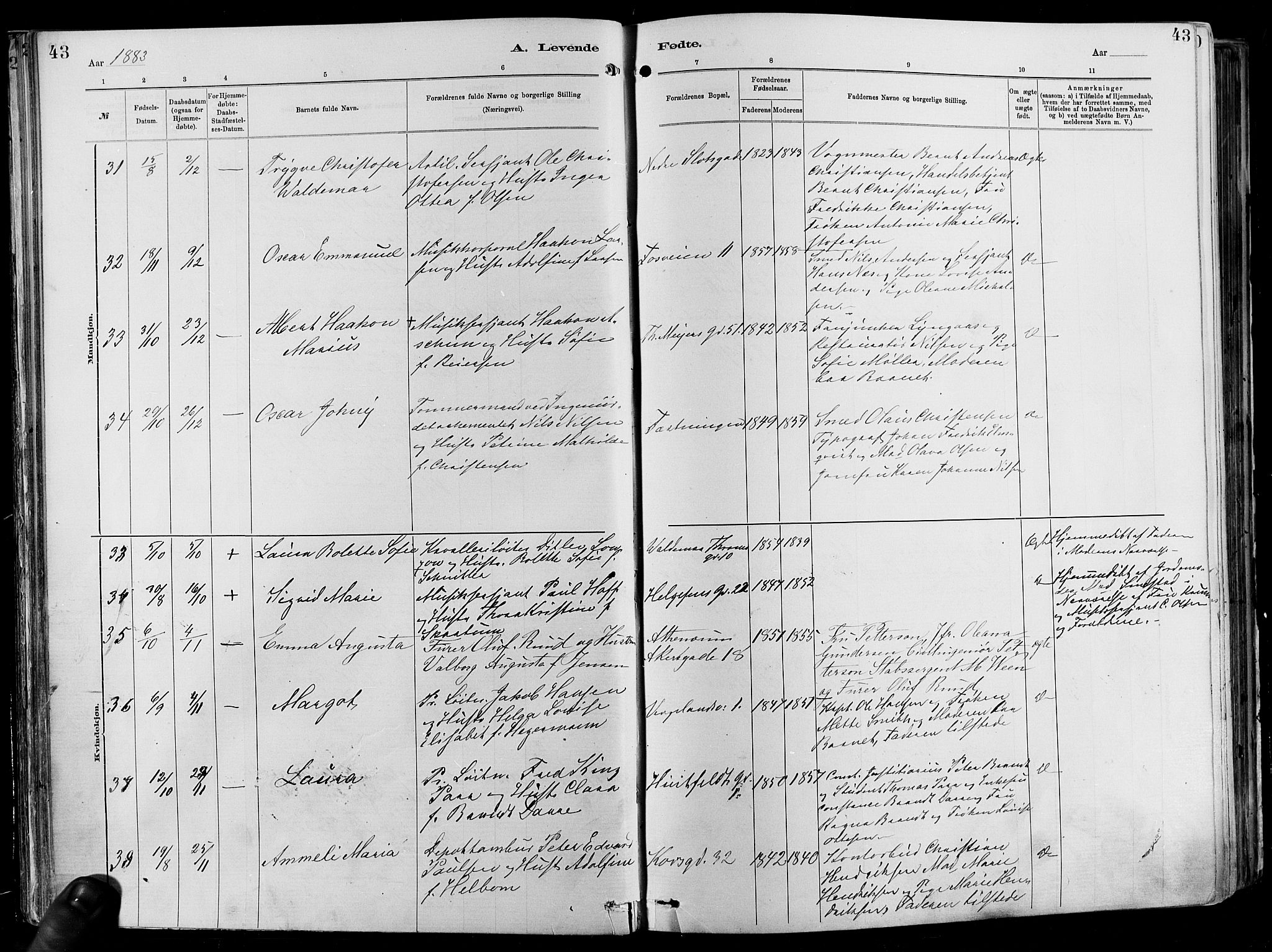 Garnisonsmenigheten Kirkebøker, AV/SAO-A-10846/F/Fa/L0012: Parish register (official) no. 12, 1880-1893, p. 43