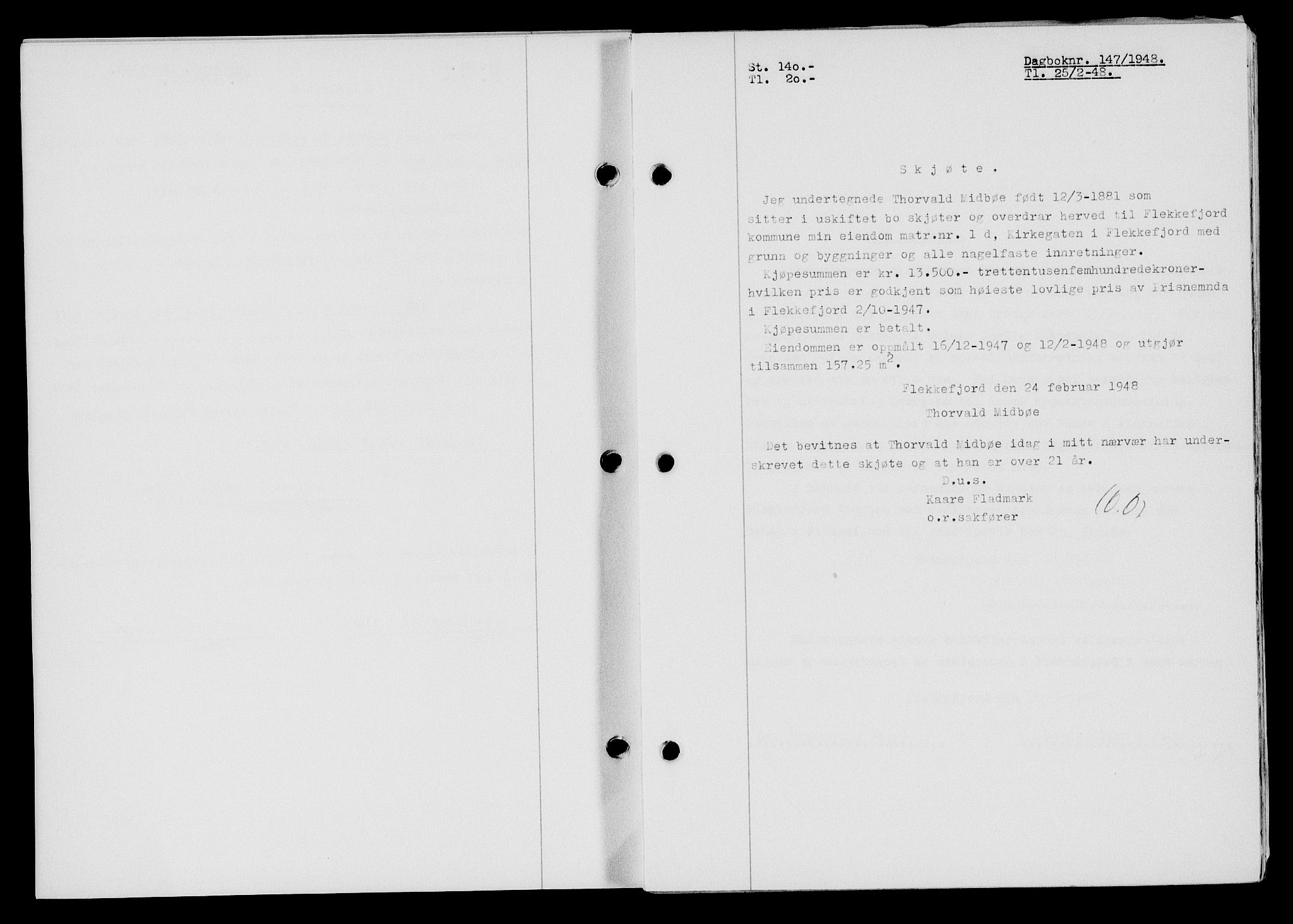 Flekkefjord sorenskriveri, SAK/1221-0001/G/Gb/Gba/L0063: Mortgage book no. A-11, 1947-1948, Diary no: : 147/1948