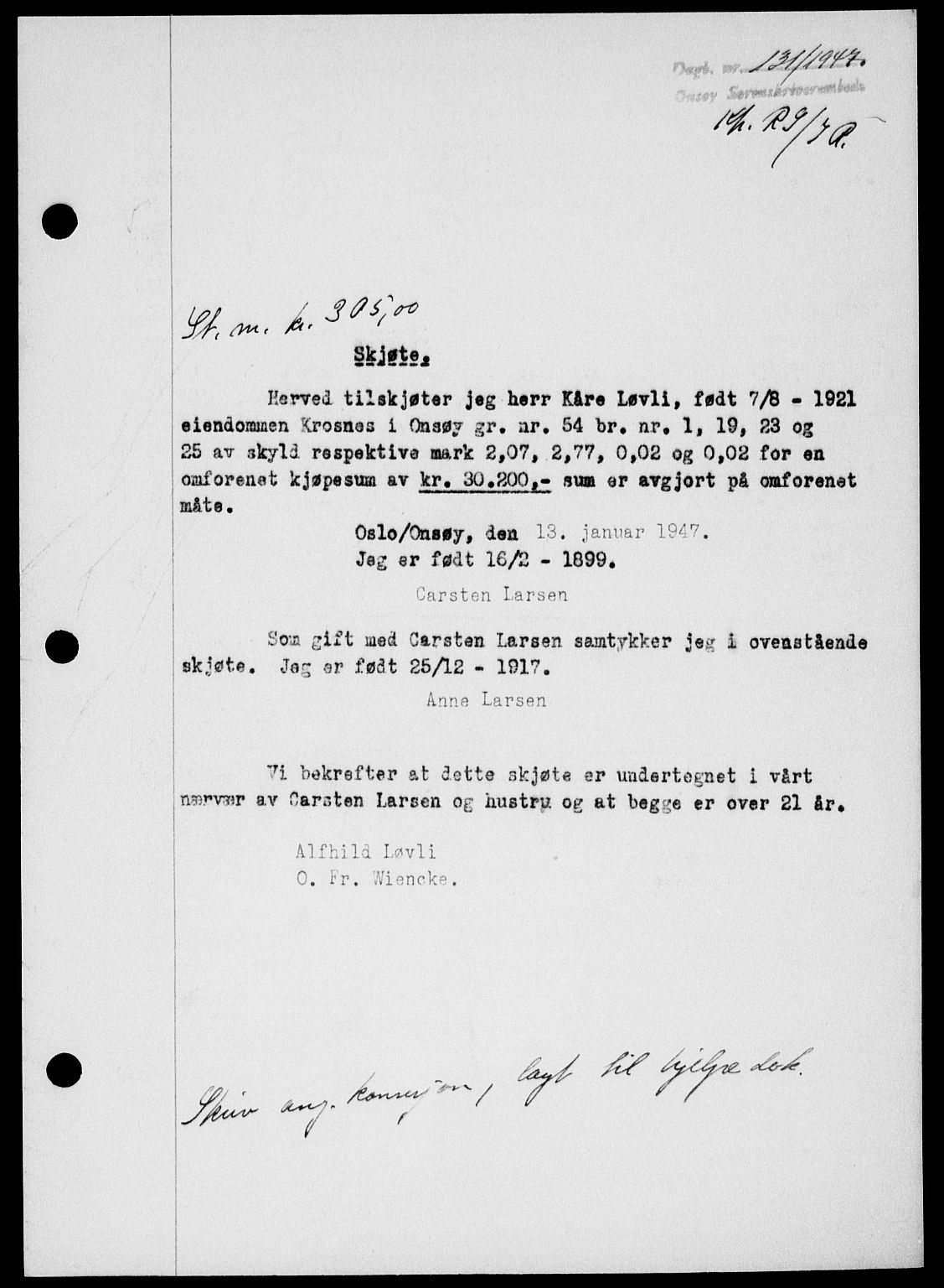 Onsøy sorenskriveri, SAO/A-10474/G/Ga/Gab/L0018: Mortgage book no. II A-18, 1946-1947, Diary no: : 131/1947