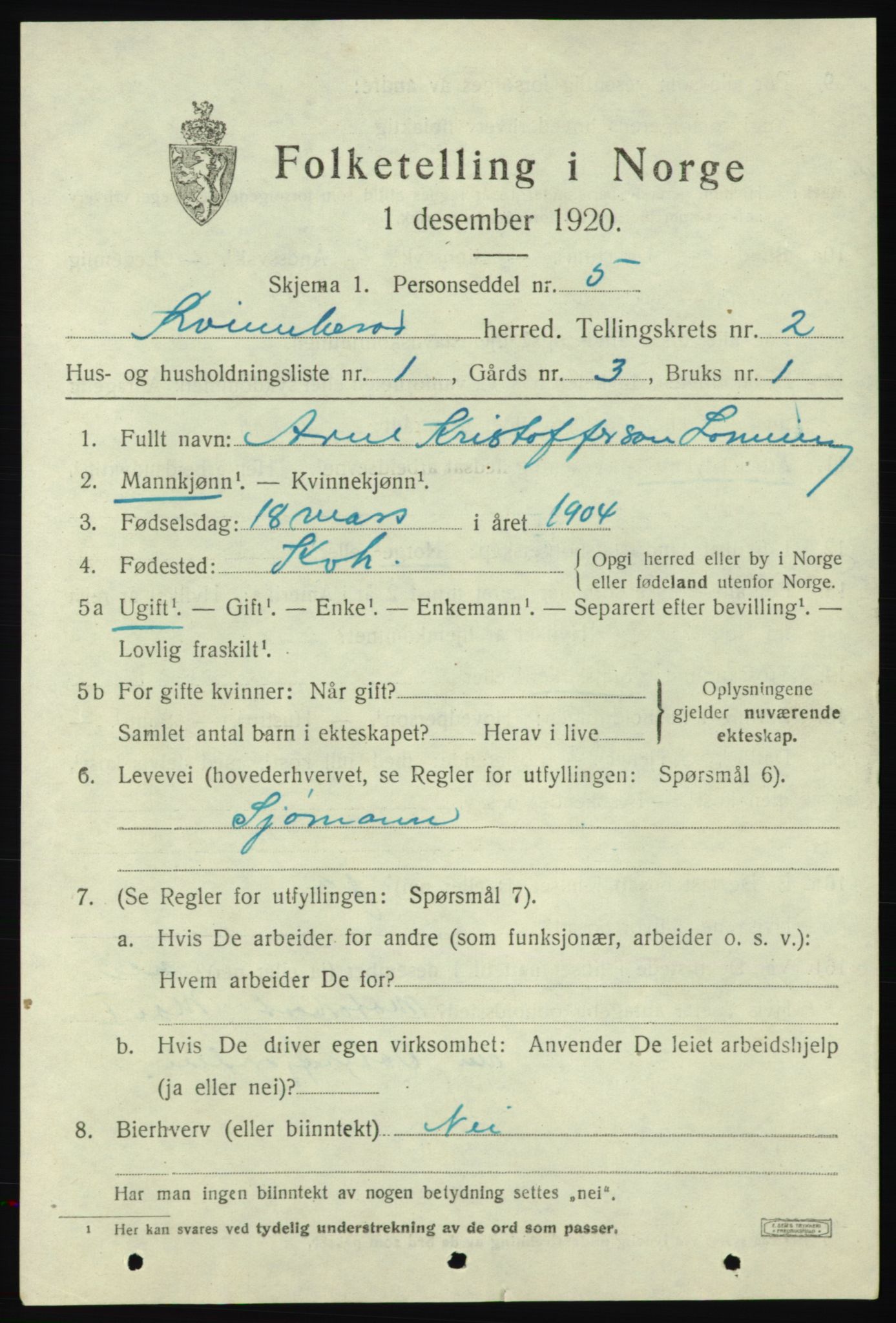 SAB, 1920 census for Kvinnherad, 1920, p. 4080